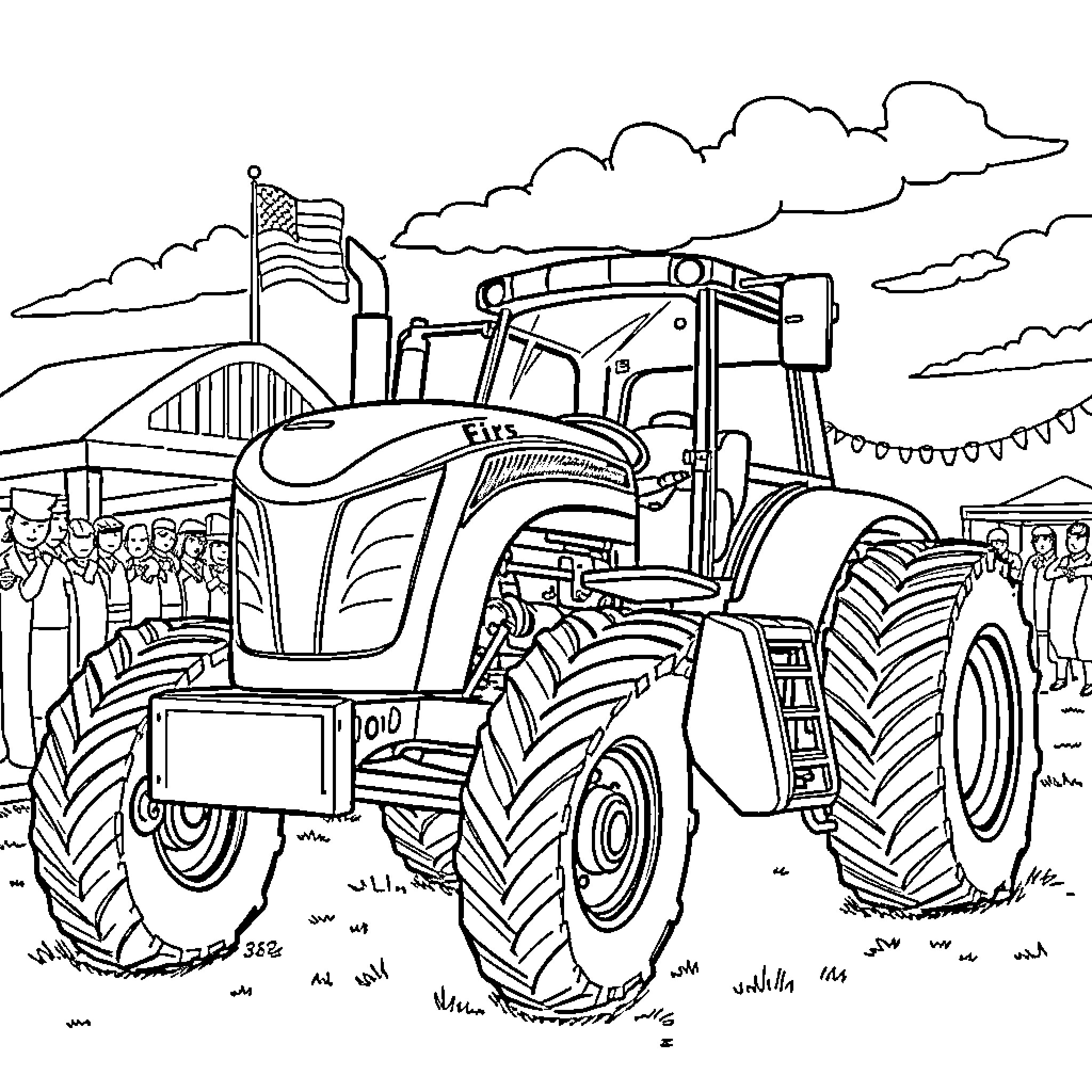 Tractor on display at a farm festival Coloring Page (free black-and-white line drawing printable PDF for all, from beginners to advanced learners, including children, teens, adults, and seniors)