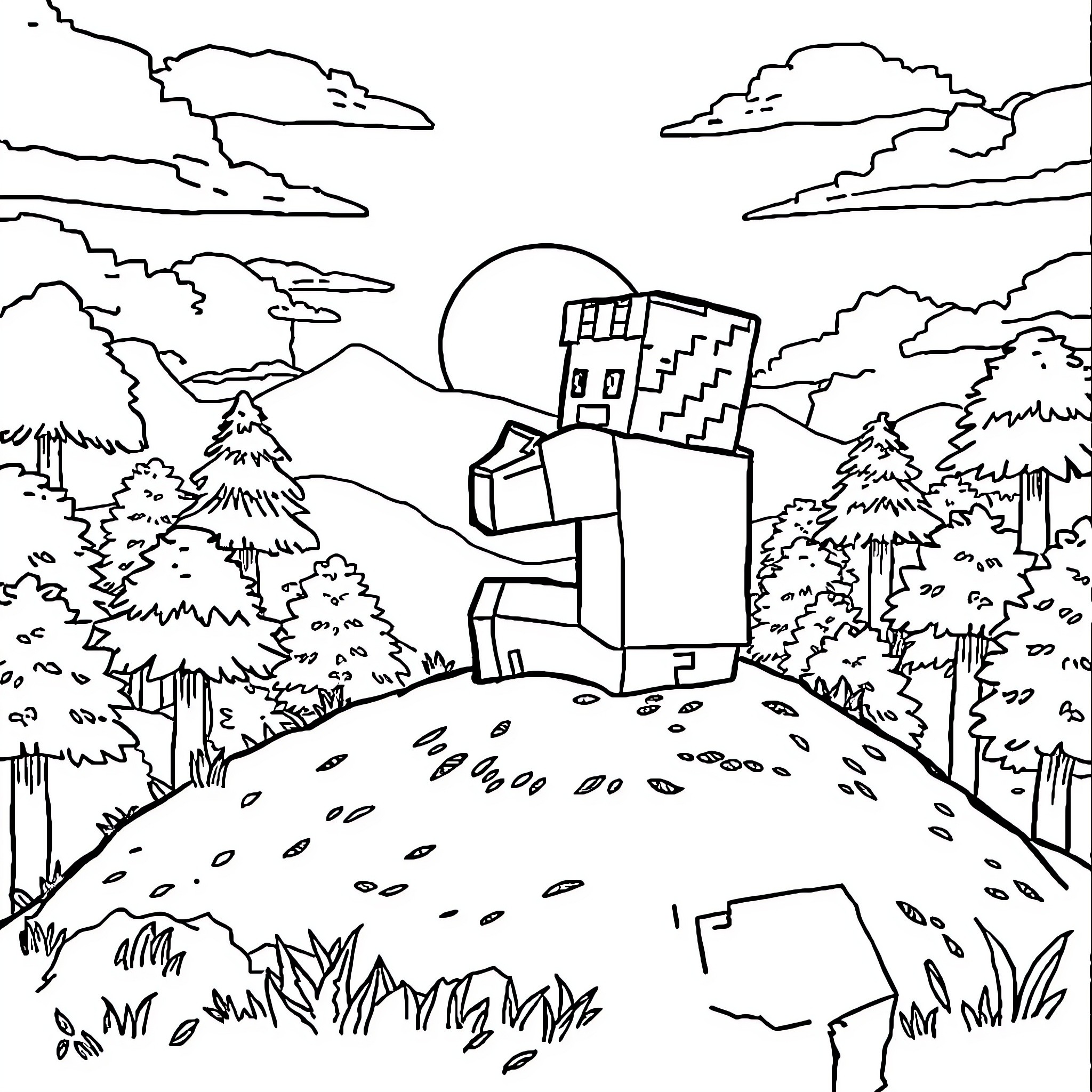 Steve exploring the peaceful forest landscape Coloring Page (free black-and-white line drawing printable PDF for all, from beginners to advanced learners, including children, teens, adults, and seniors)