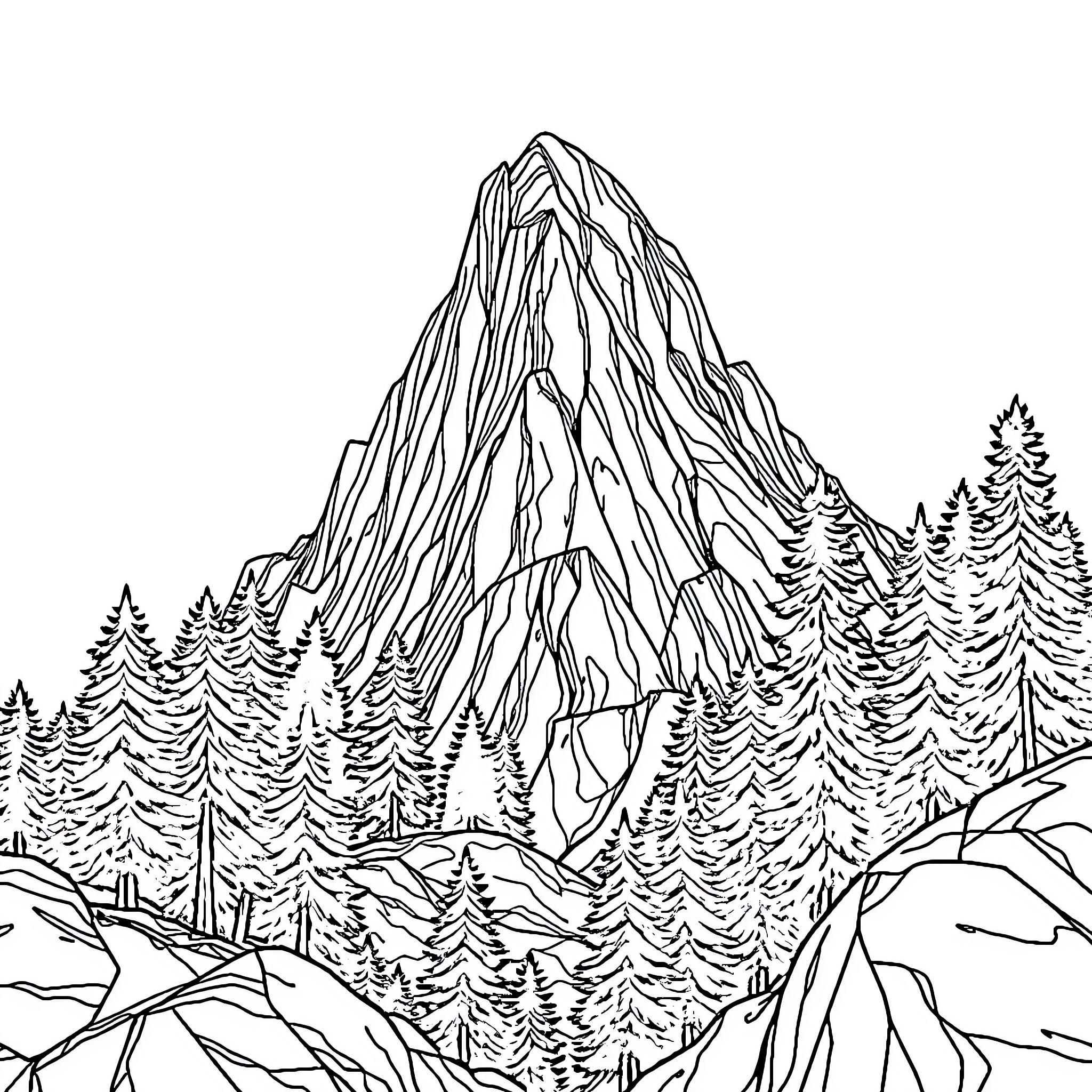 Mountain Landscape with Forested Slopes Coloring Page (free black-and-white line drawing printable PDF for all, from beginners to advanced learners, including children, teens, adults, and seniors)