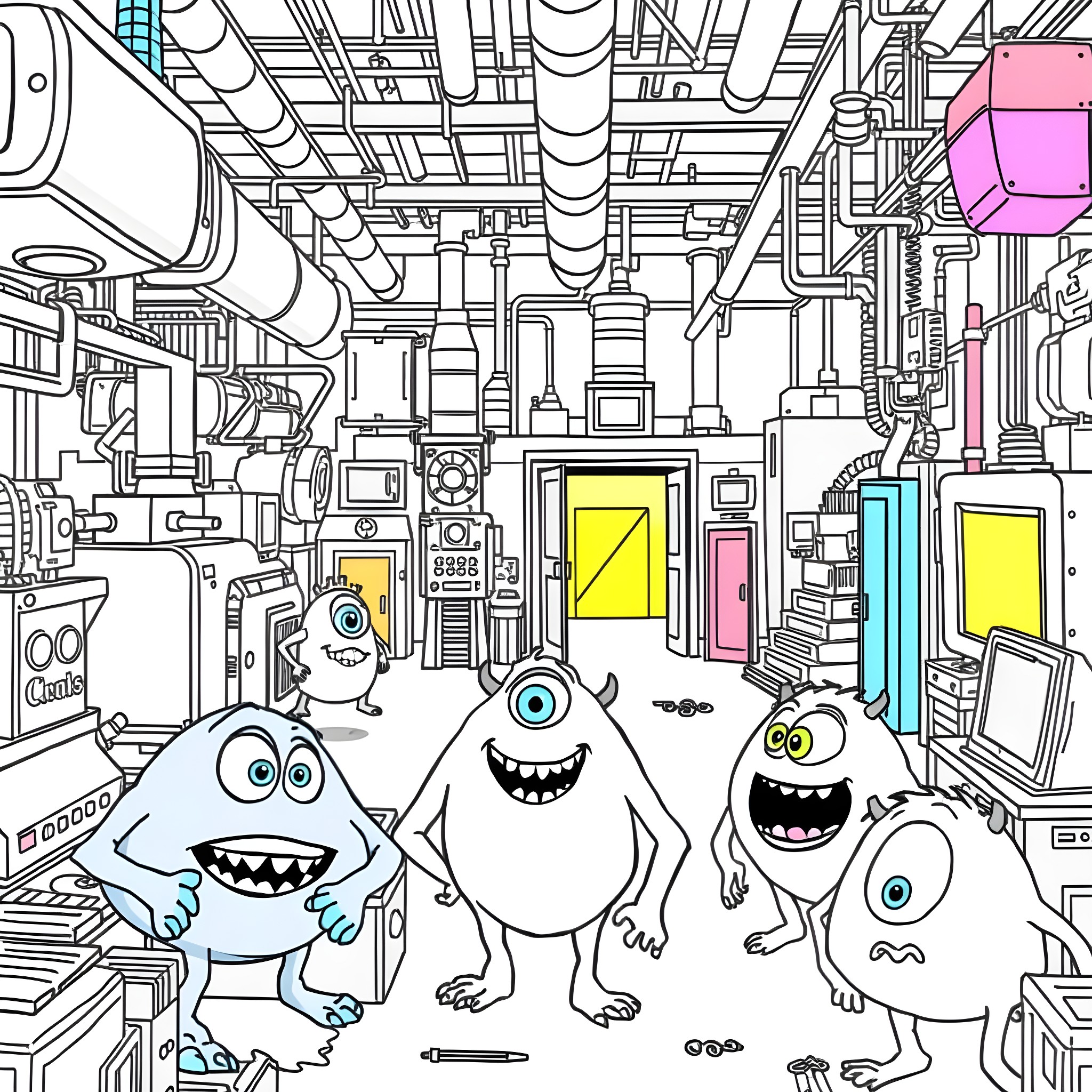 Monster Crew Exploring a Futuristic Mechanical Landscape Coloring Page (free black-and-white line drawing printable PDF for all, from beginners to advanced learners, including children, teens, adults, and seniors)