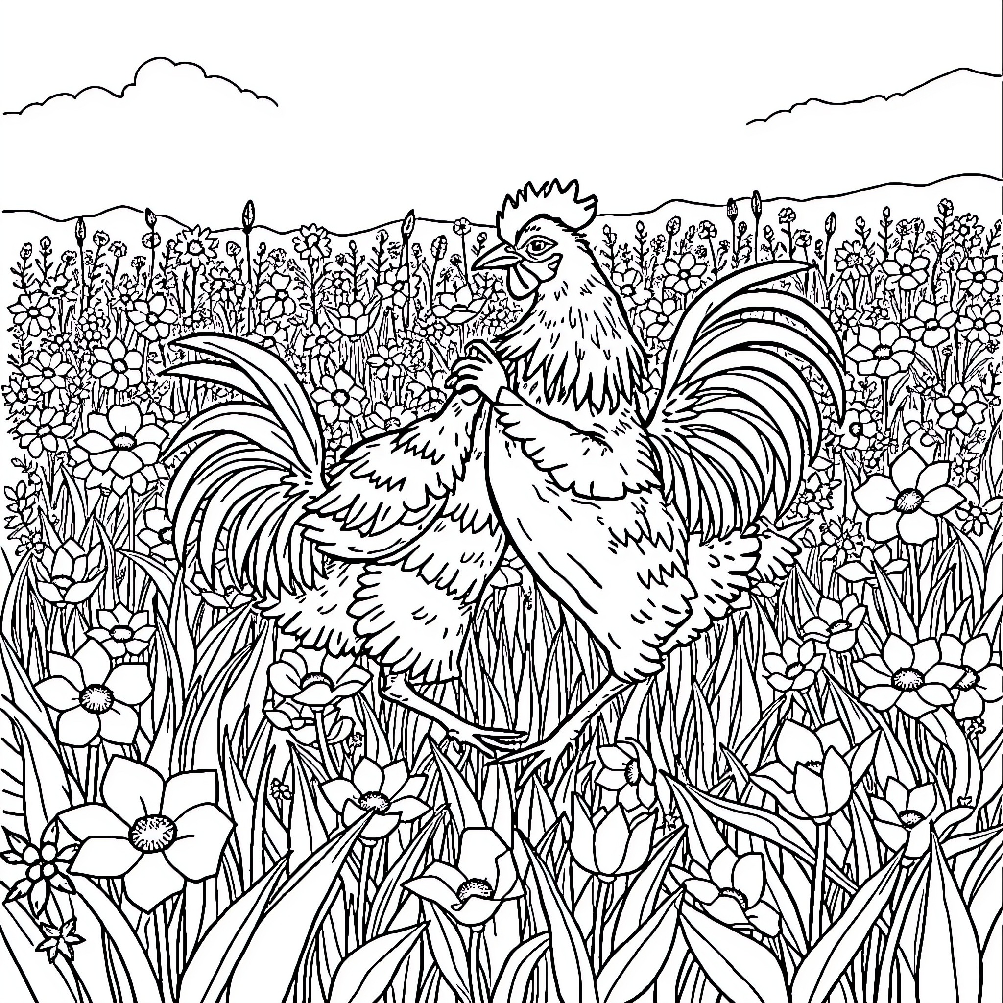 Chickens roaming in a vibrant floral field Coloring Page (free black-and-white line drawing printable PDF for all, from beginners to advanced learners, including children, teens, adults, and seniors)