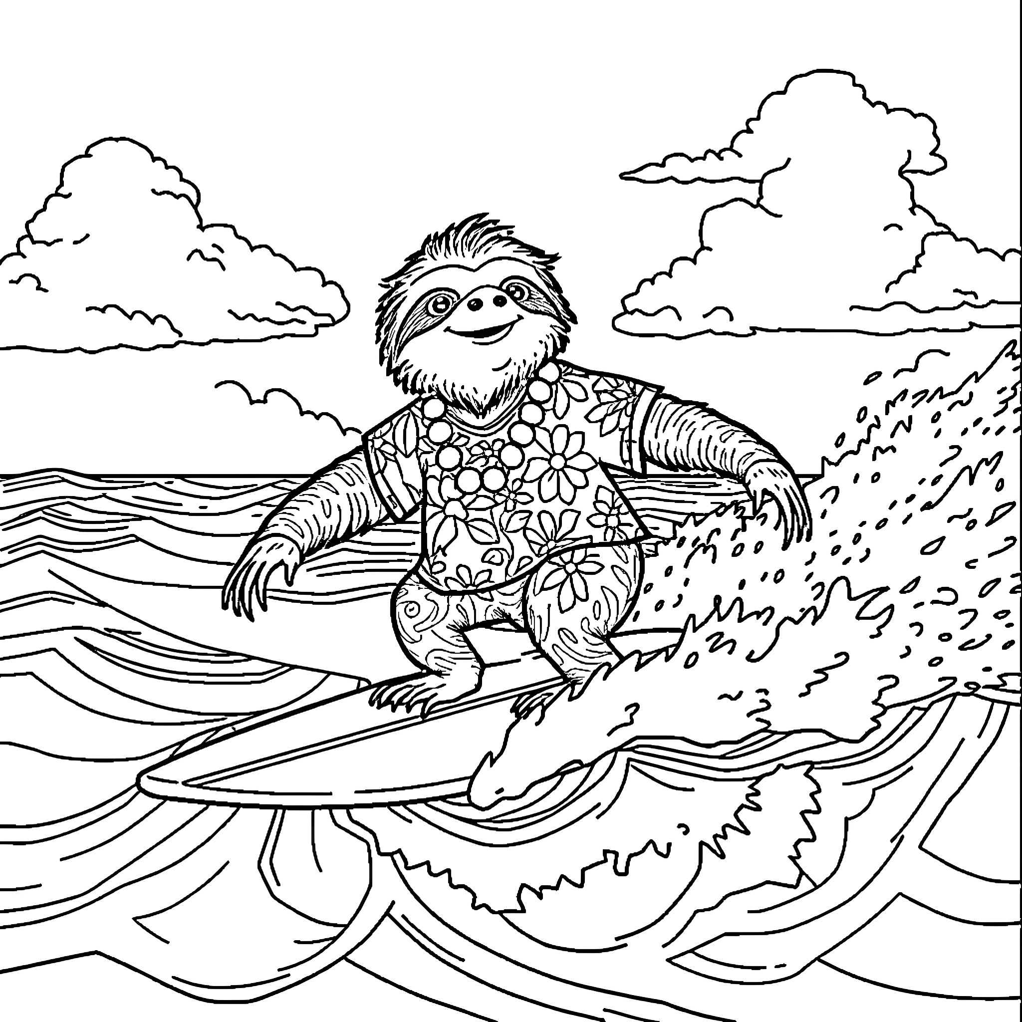 Sloth surfing on the waves with floral outfit Coloring Page (free black-and-white line drawing printable PDF for all, from beginners to advanced learners, including children, teens, adults, and seniors)