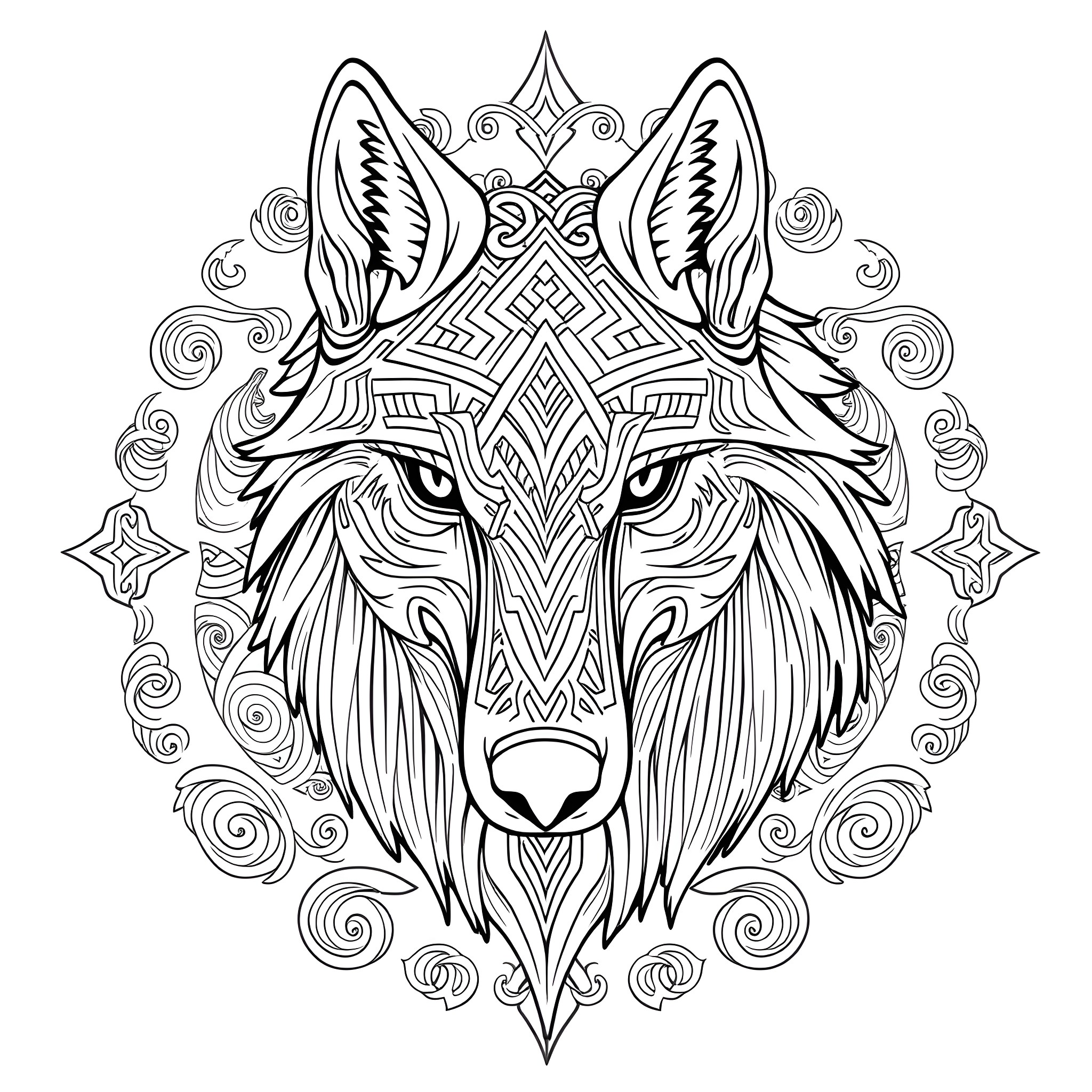 Wolf Mandala Artwork Coloring Page (free black-and-white line drawing printable PDF for all, from beginners to advanced learners, including children, teens, adults, and seniors)