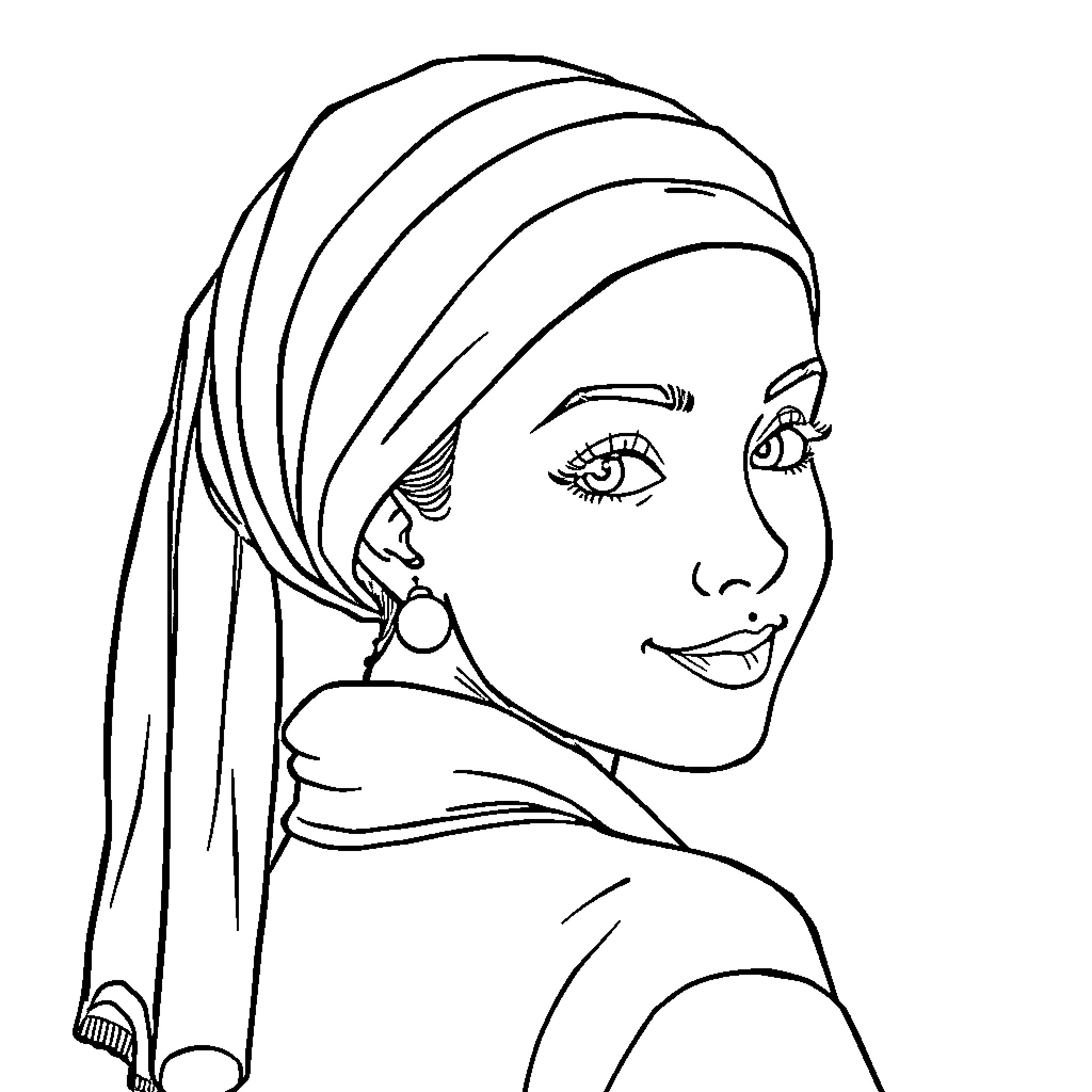 Girl with scarf smiling expressively Coloring Page (free black-and-white line drawing printable PDF for all, from beginners to advanced learners, including children, teens, adults, and seniors)