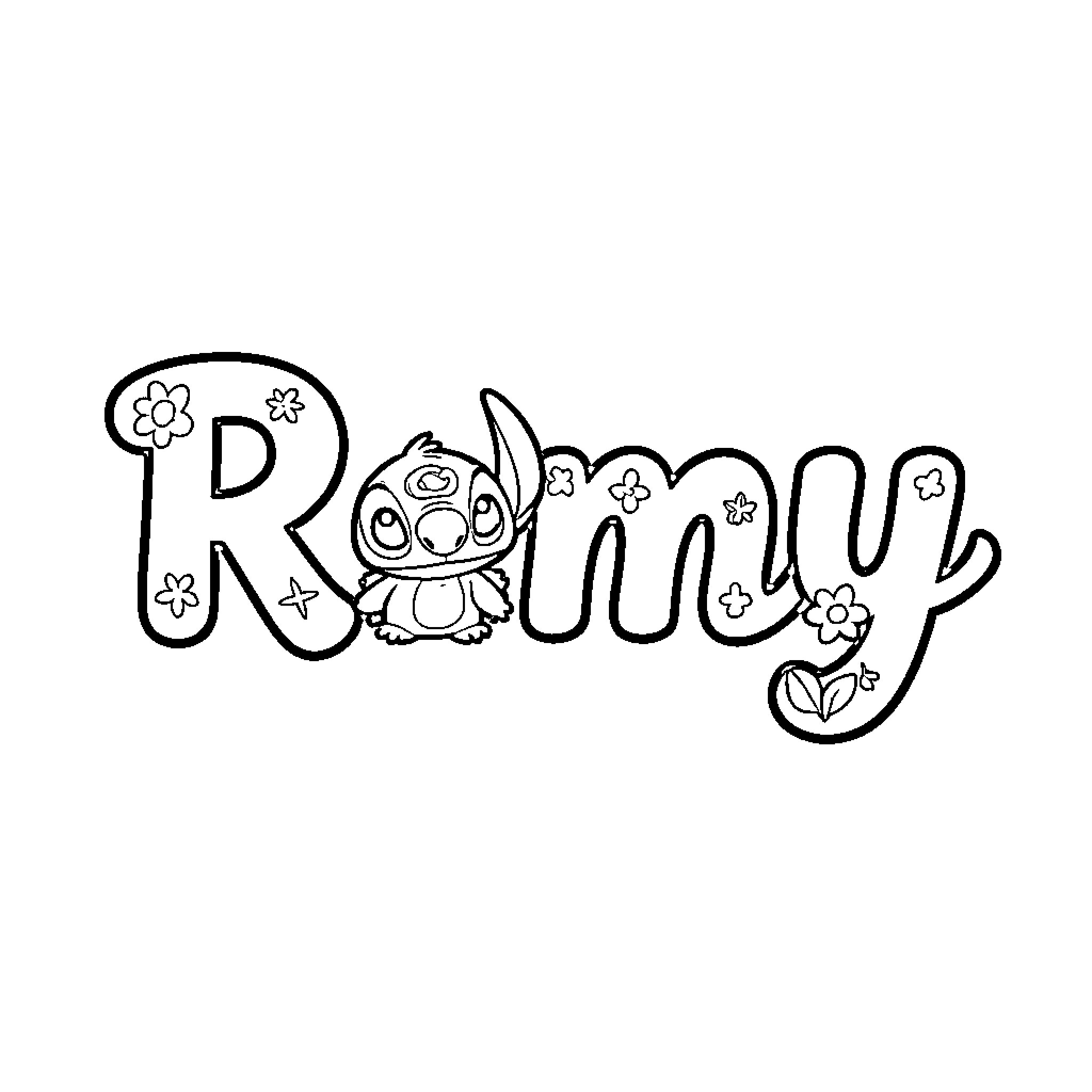 Romy with a cute character and floral decorations Coloring Page (free black-and-white line drawing printable PDF for all, from beginners to advanced learners, including children, teens, adults, and seniors)