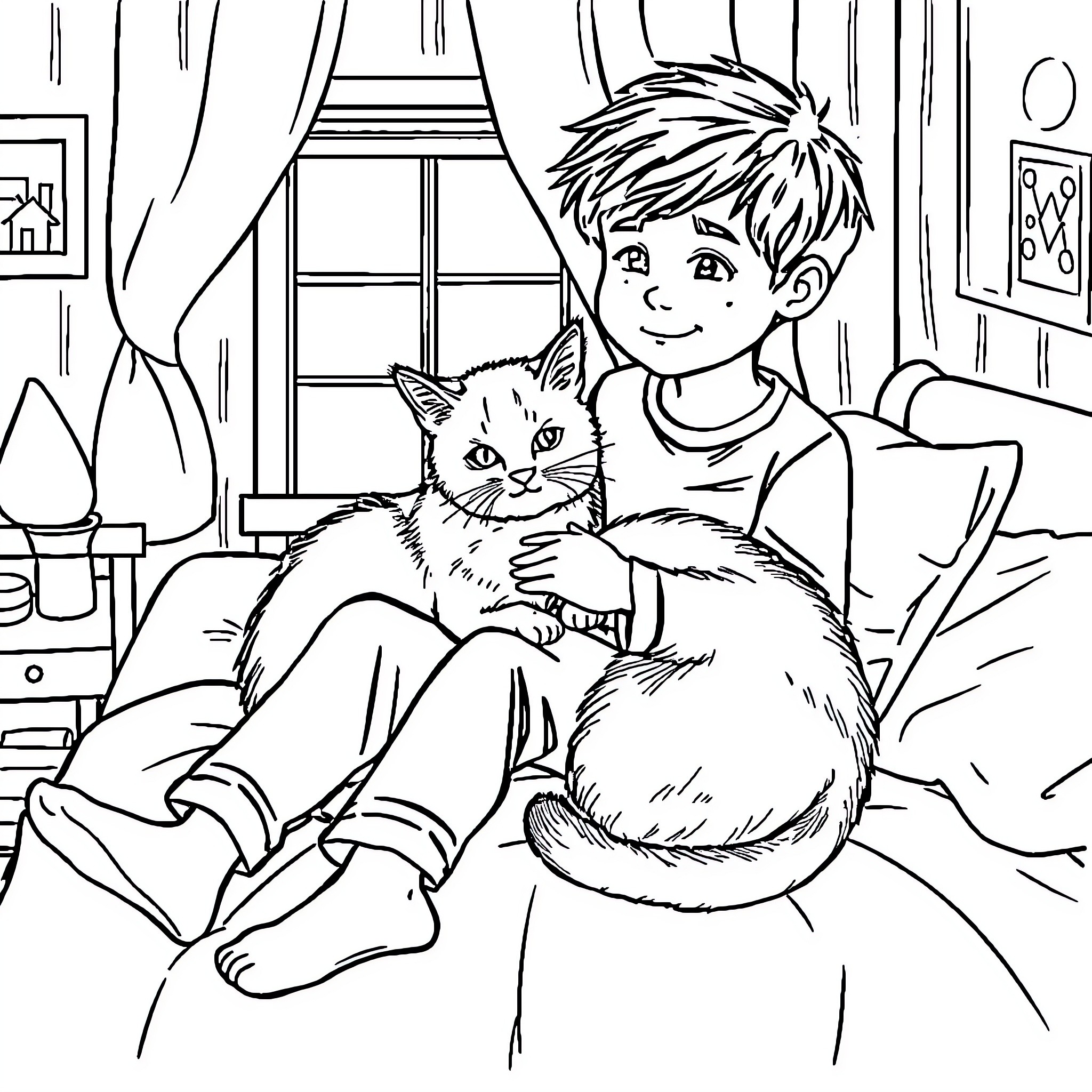 Boy comforting his pet cat in cozy home Coloring Page (free black-and-white line drawing printable PDF for all, from beginners to advanced learners, including children, teens, adults, and seniors)