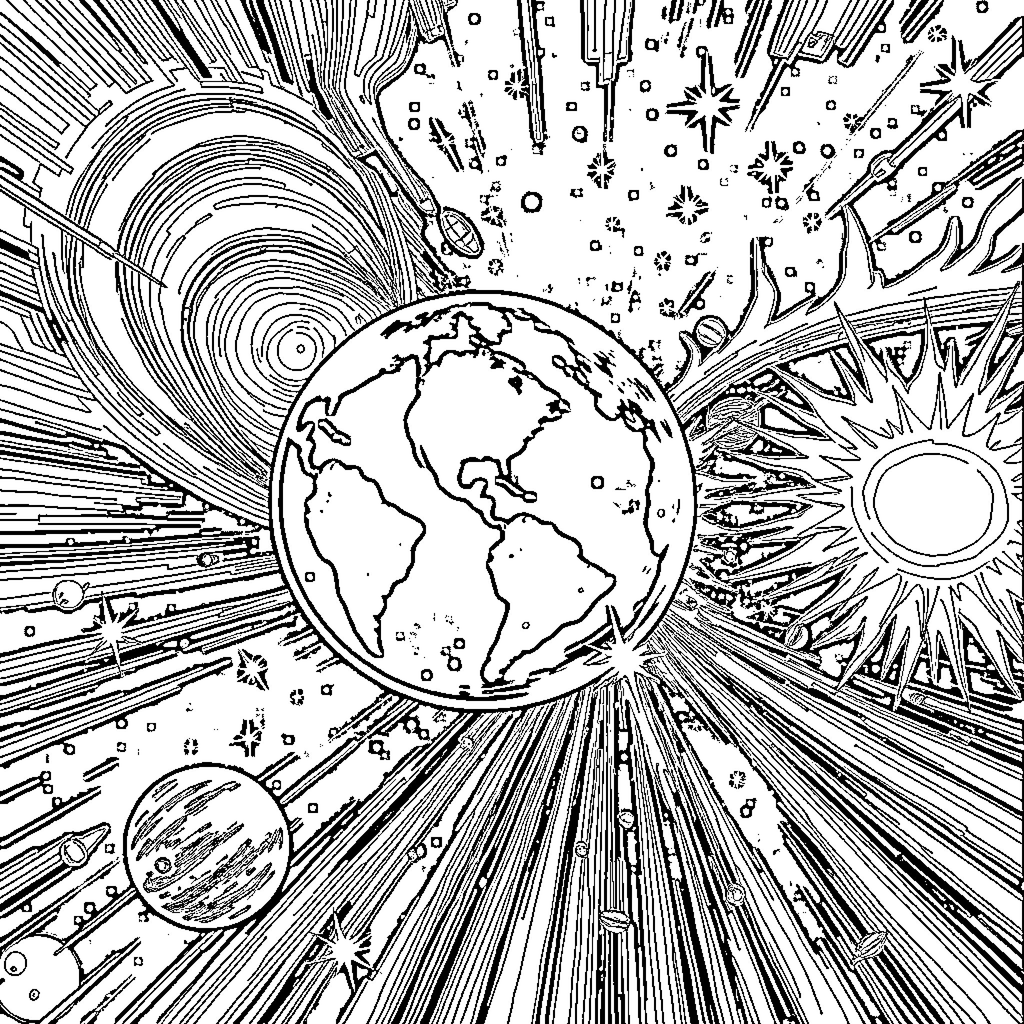Earth in cosmic celestial explosion Coloring Page (free black-and-white line drawing printable PDF for all, from beginners to advanced learners, including children, teens, adults, and seniors)