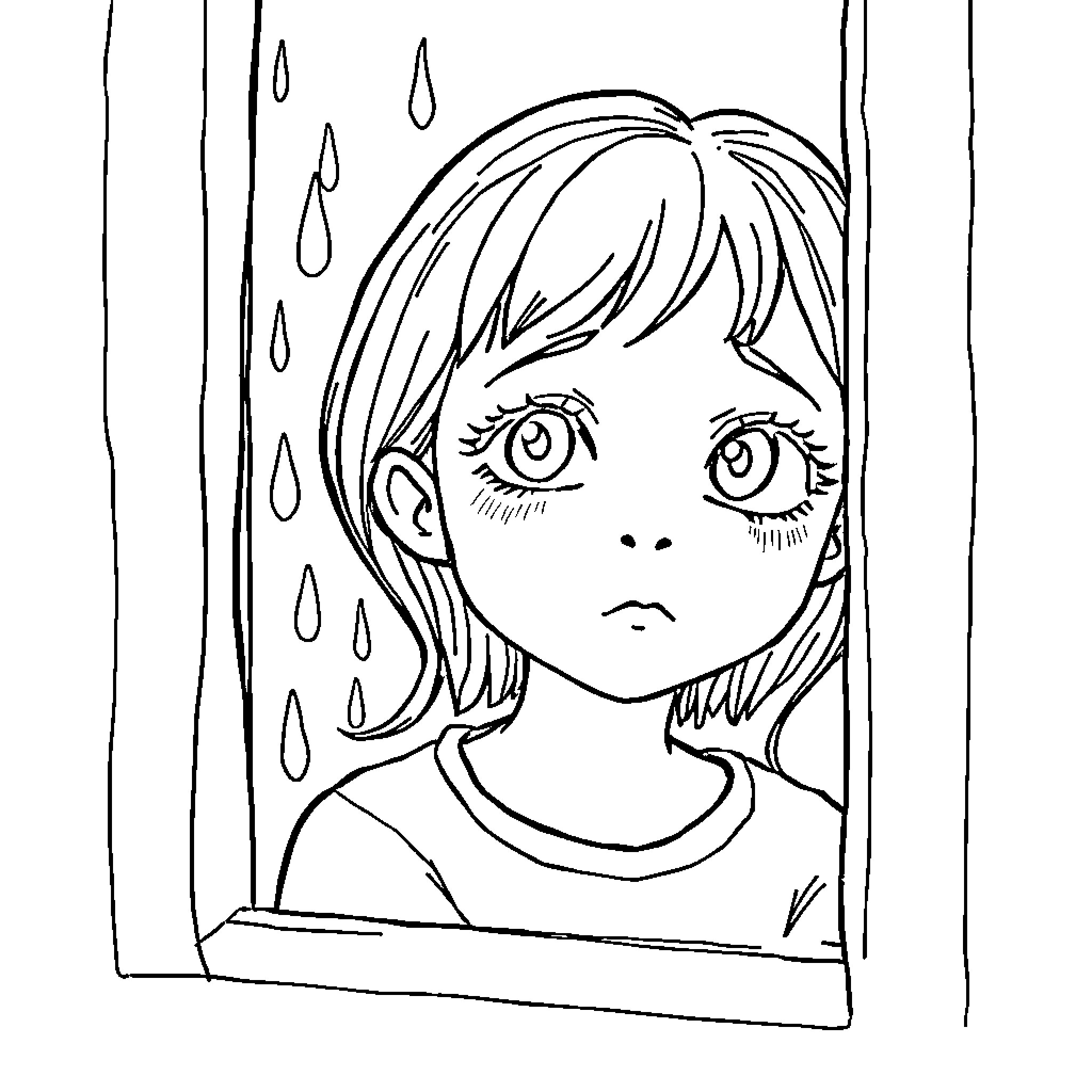 Girl looking through rainy window Coloring Page (free black-and-white line drawing printable PDF for all, from beginners to advanced learners, including children, teens, adults, and seniors)