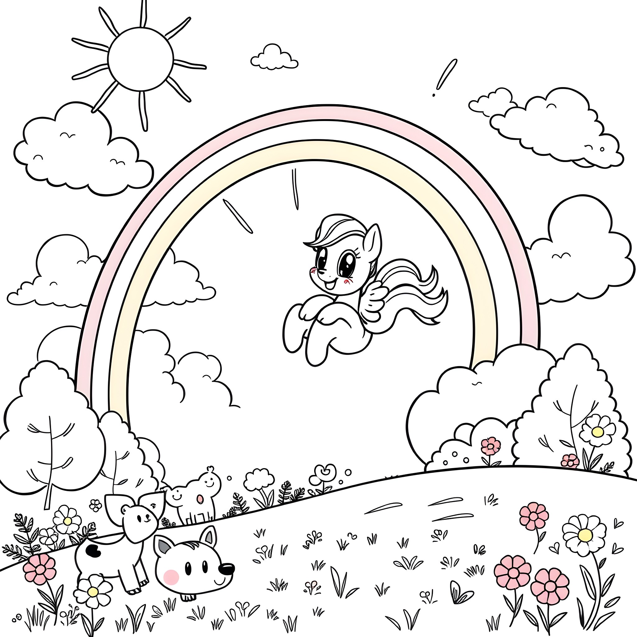 Bluey playing cheerfully under a rainbow Coloring Page (free black-and-white line drawing printable PDF for all, from beginners to advanced learners, including children, teens, adults, and seniors)