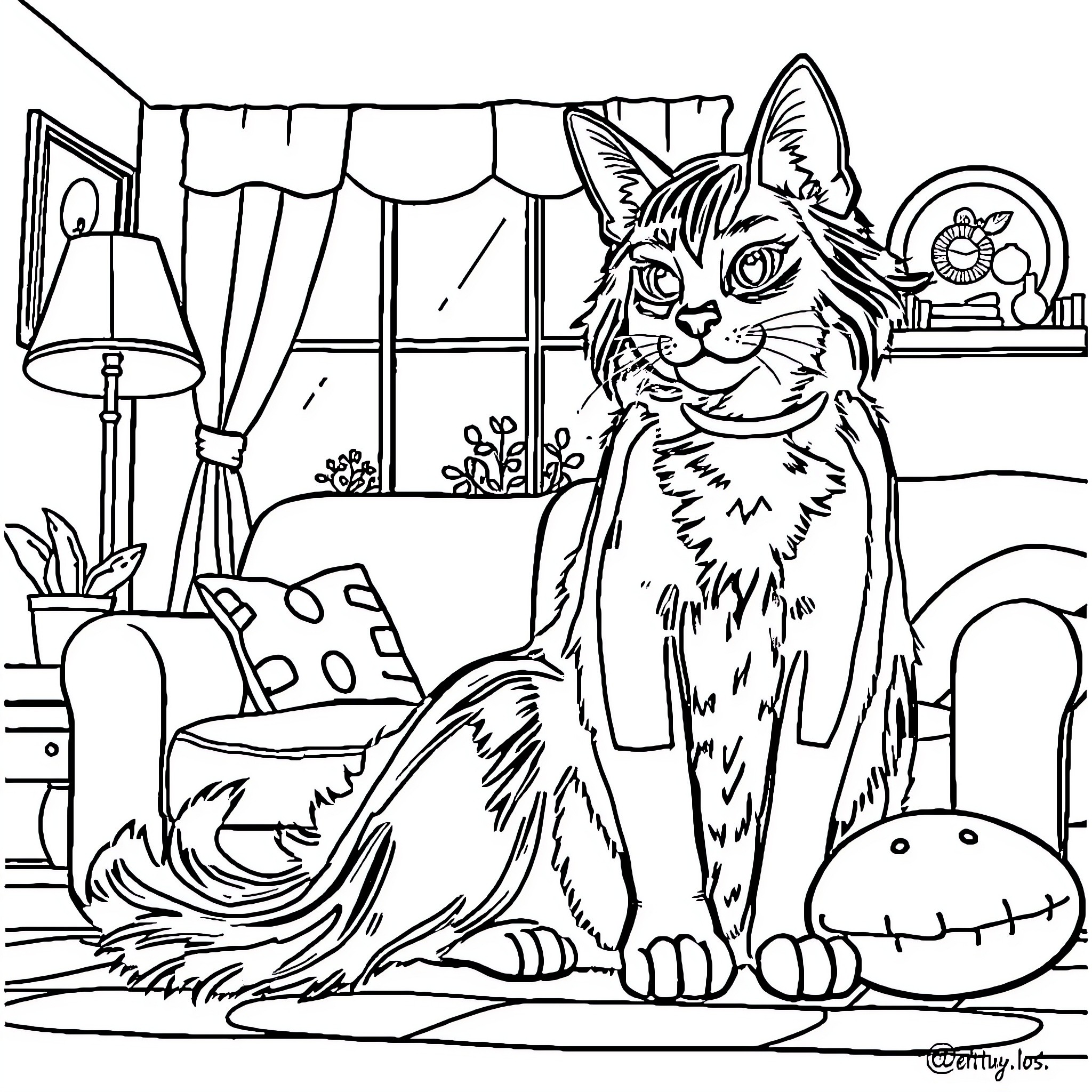Betty enjoying a cozy afternoon at home Coloring Page (free black-and-white line drawing printable PDF for all, from beginners to advanced learners, including children, teens, adults, and seniors)
