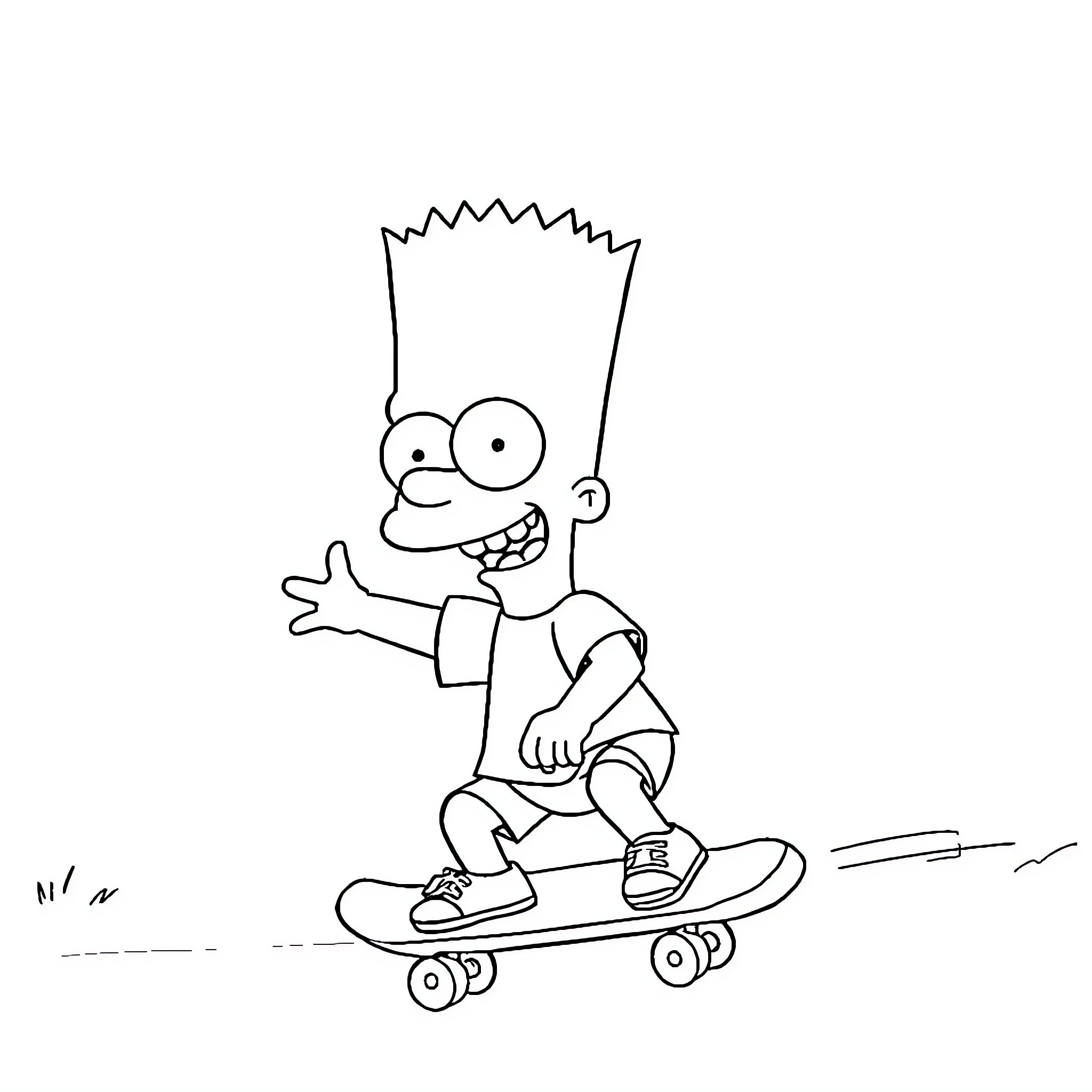 Bart Simpson riding a skateboard Coloring Page (free black-and-white line drawing printable PDF for all, from beginners to advanced learners, including children, teens, adults, and seniors)