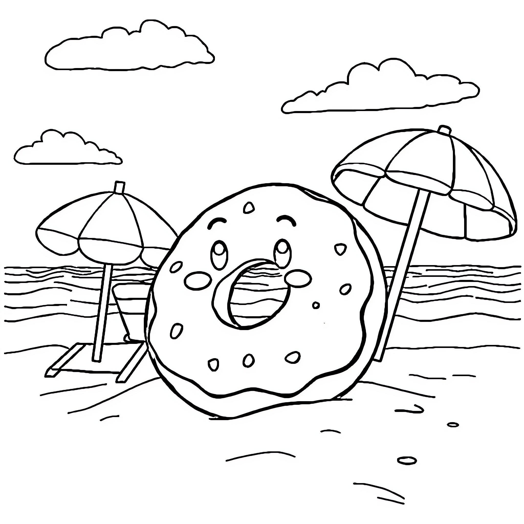 Doughnut enjoying a day at the beach Coloring Page (free black-and-white line drawing printable PDF for all, from beginners to advanced learners, including children, teens, adults, and seniors)