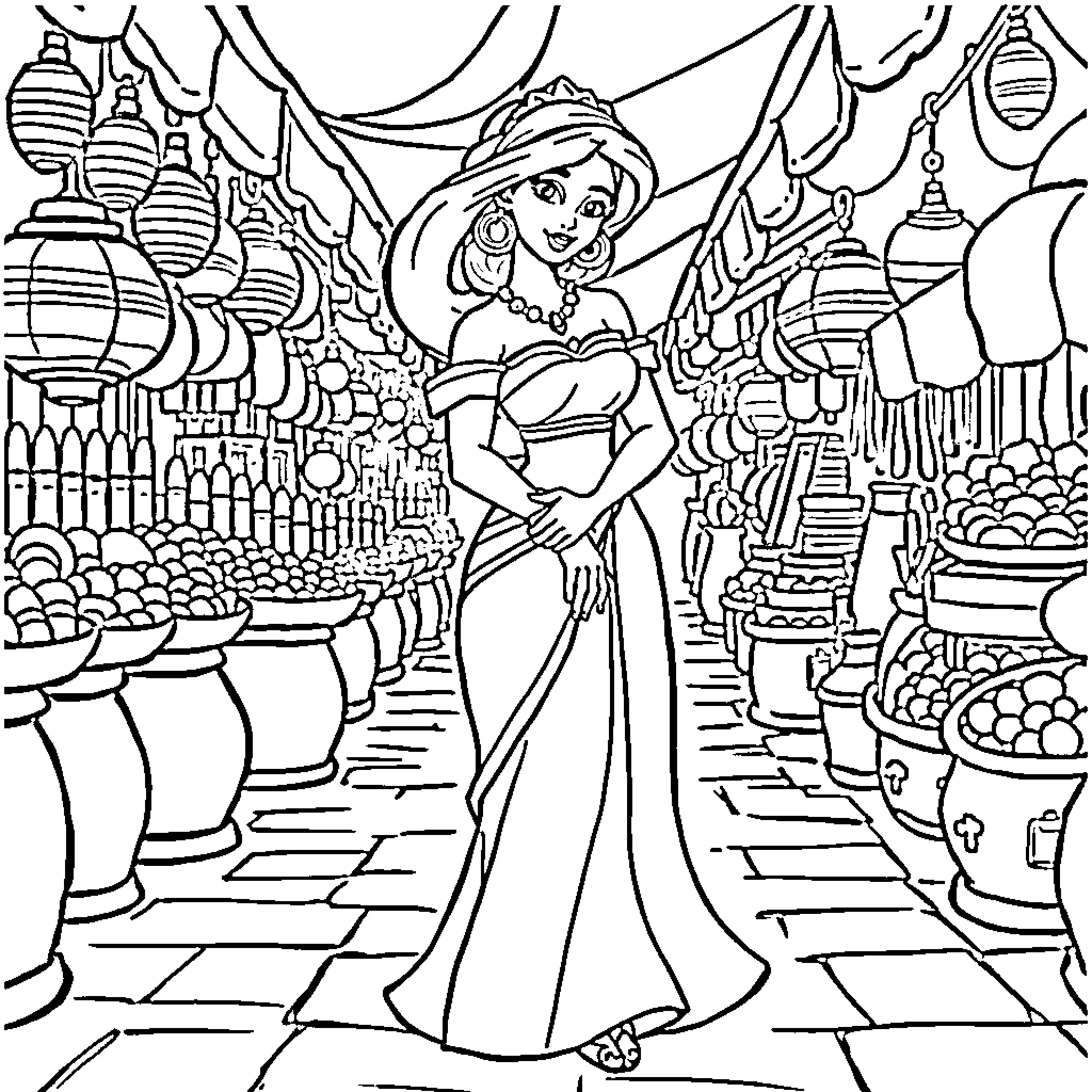 Jasmine exploring the vibrant marketplace Coloring Page (free black-and-white line drawing printable PDF for all, from beginners to advanced learners, including children, teens, adults, and seniors)
