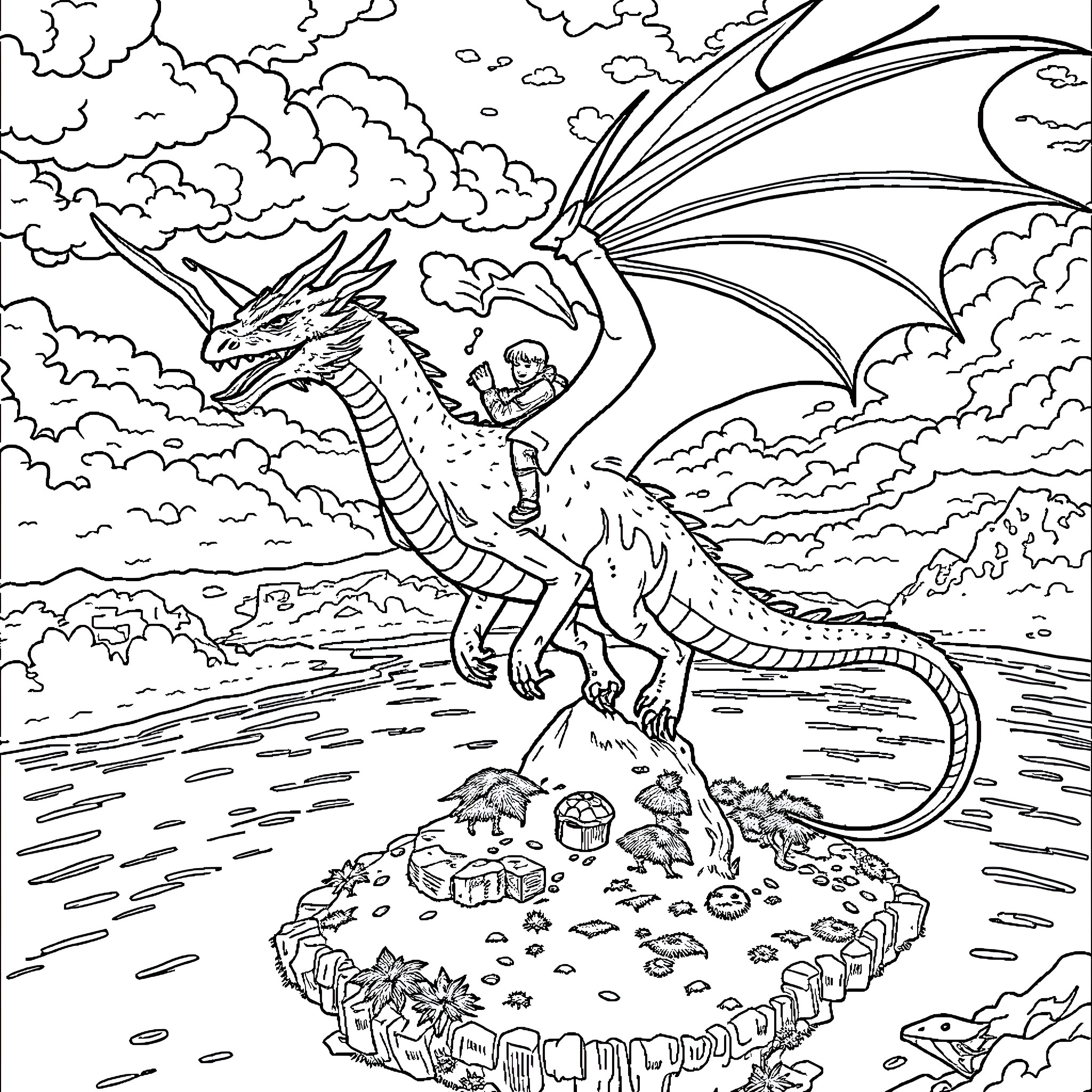 Dragon Rider Soaring Through the Clouds Coloring Page (free black-and-white line drawing printable PDF for all, from beginners to advanced learners, including children, teens, adults, and seniors)