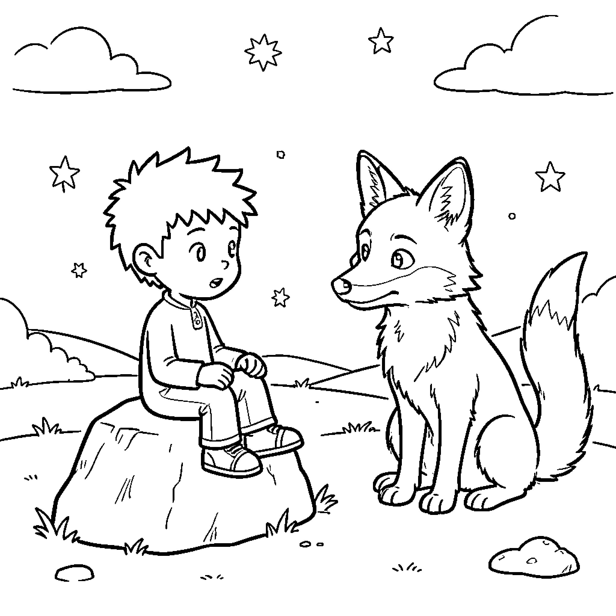 Principito sitting on a rock talking to a fox Coloring Page (free black-and-white line drawing printable PDF for all, from beginners to advanced learners, including children, teens, adults, and seniors)