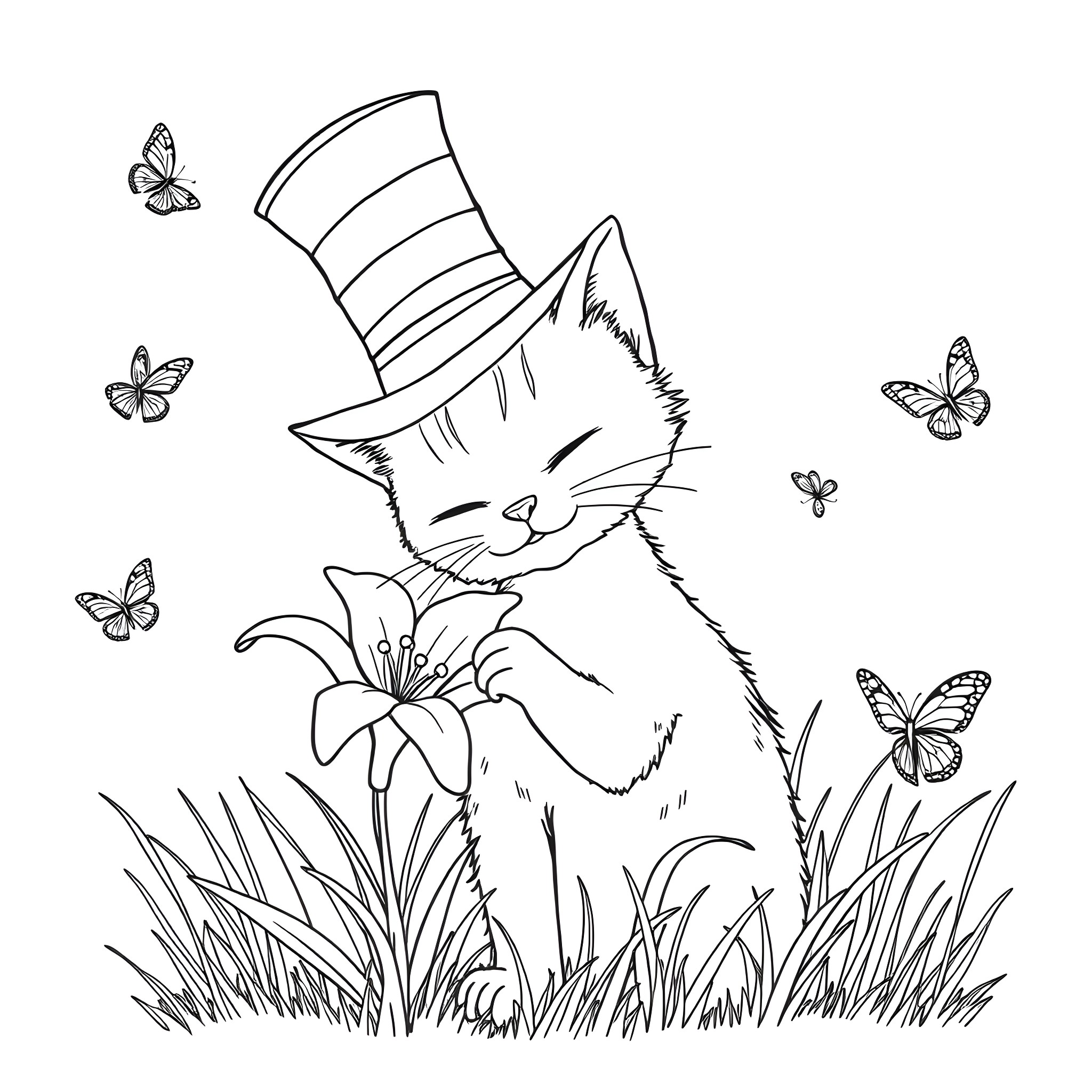 Cat with fancy hat among butterflies Coloring Page (free black-and-white line drawing printable PDF for all, from beginners to advanced learners, including children, teens, adults, and seniors)
