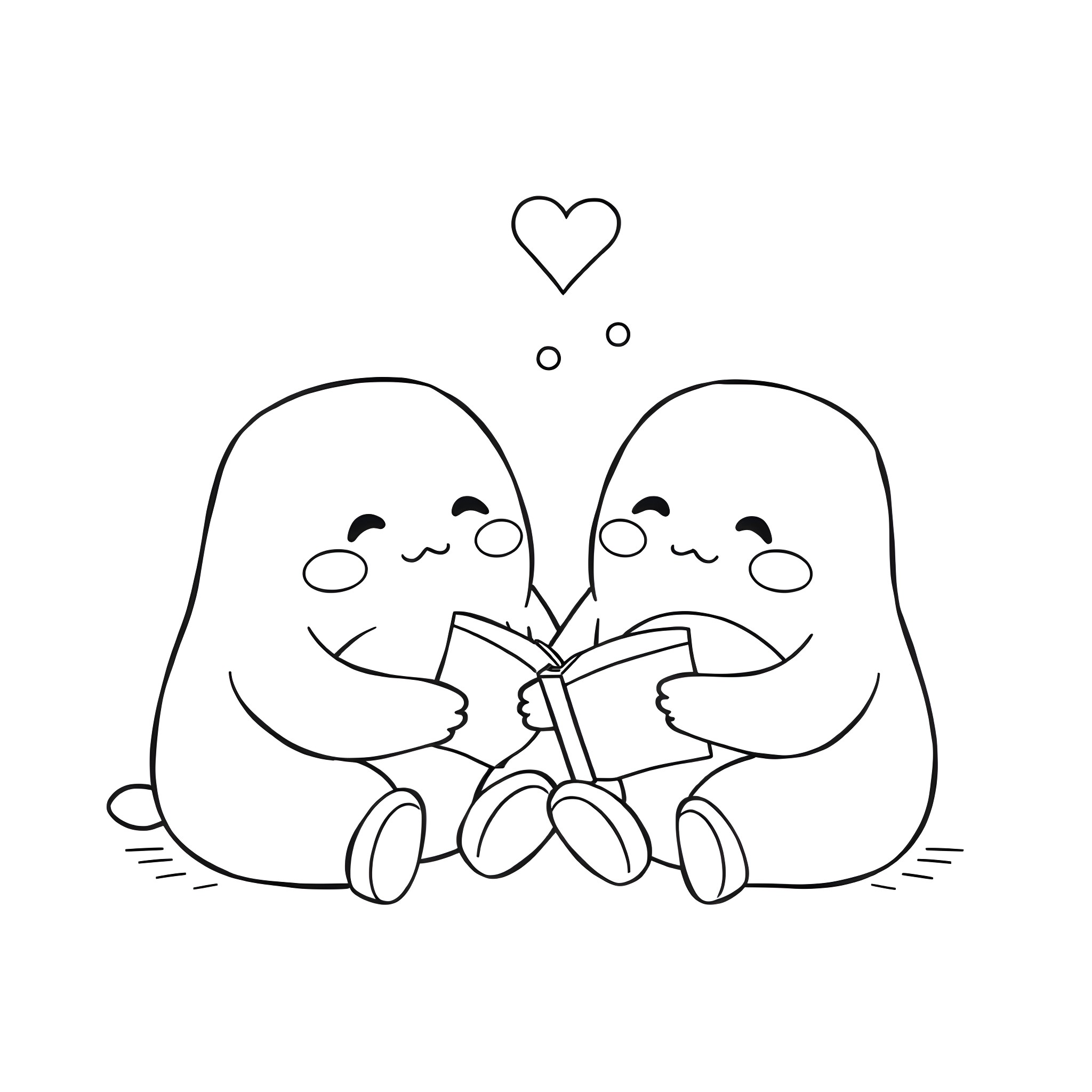 Squishmallow friends reading together Coloring Page (free black-and-white line drawing printable PDF for all, from beginners to advanced learners, including children, teens, adults, and seniors)