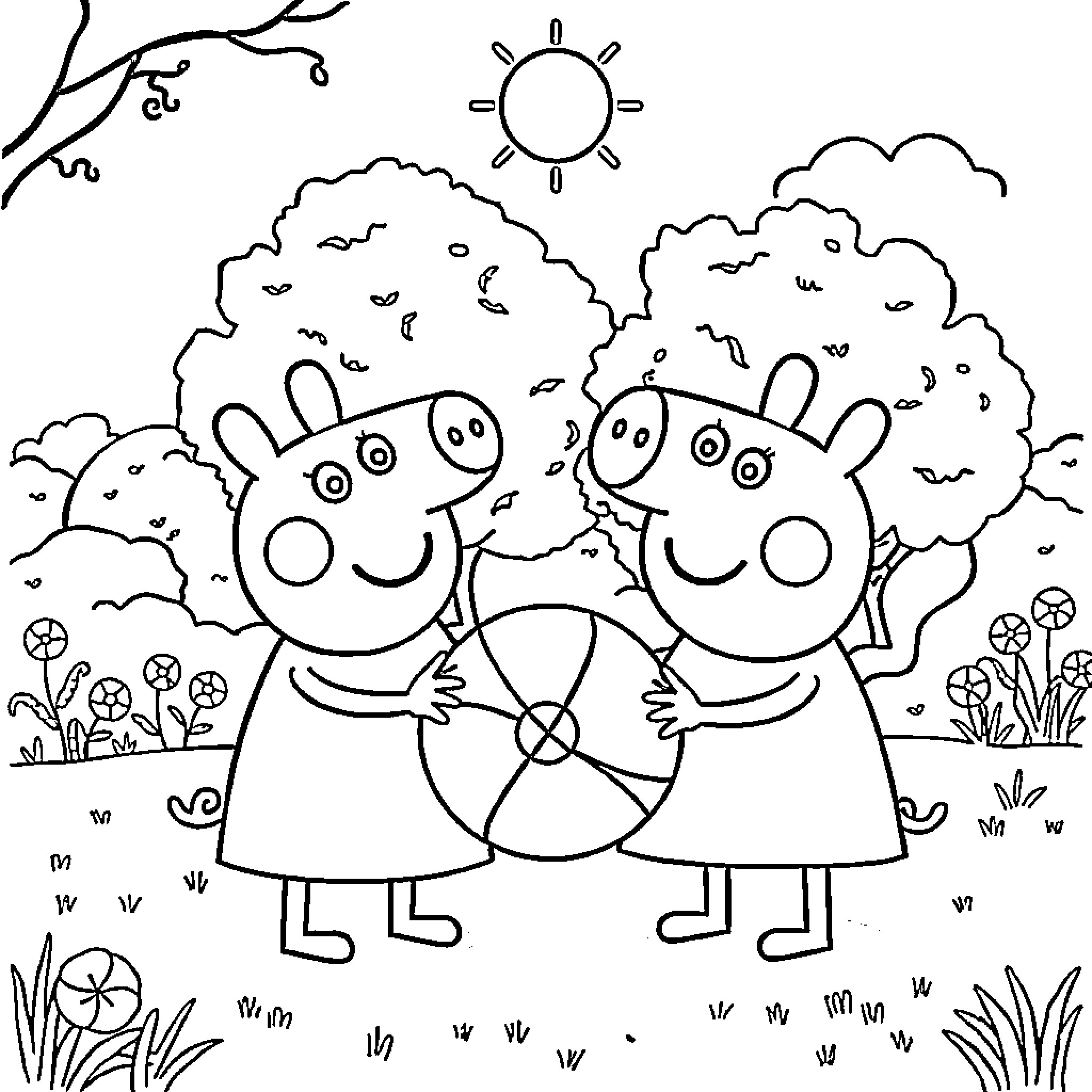 Peppa and Suzy enjoying a sunny day outdoors Coloring Page (free black-and-white line drawing printable PDF for all, from beginners to advanced learners, including children, teens, adults, and seniors)