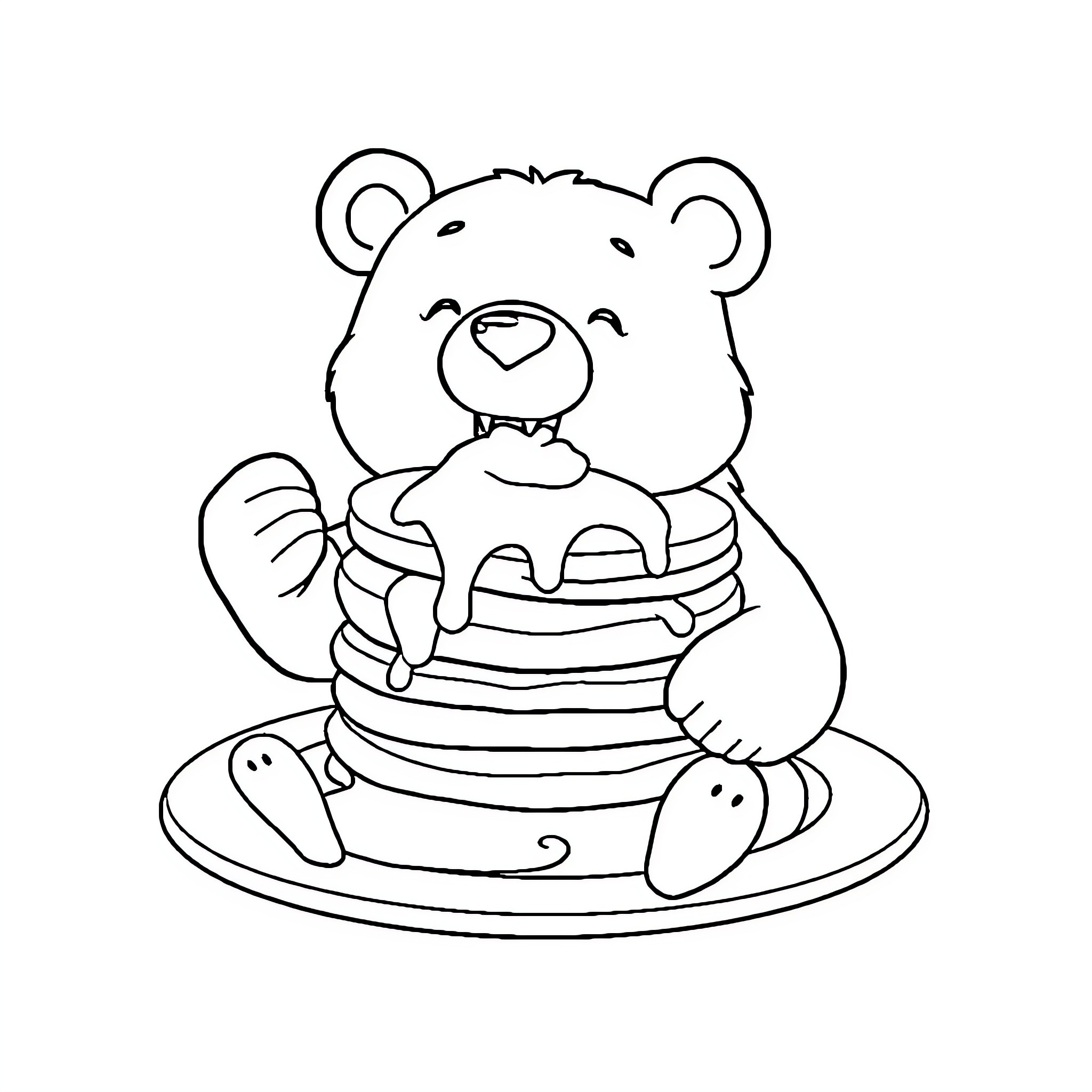 BBC Cartoon Bear Enjoys Tasty Pancakes Coloring Page (free black-and-white line drawing printable PDF for all, from beginners to advanced learners, including children, teens, adults, and seniors)
