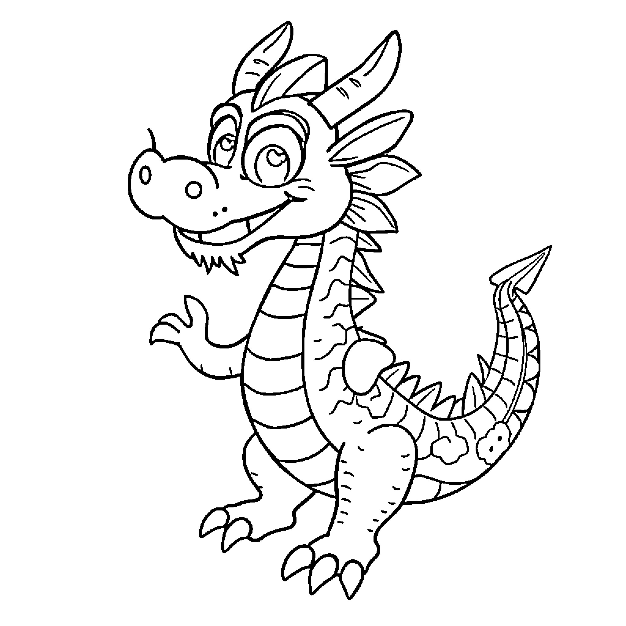 Dragon smiling playfully with spines and claws Coloring Page (free black-and-white line drawing printable PDF for all, from beginners to advanced learners, including children, teens, adults, and seniors)