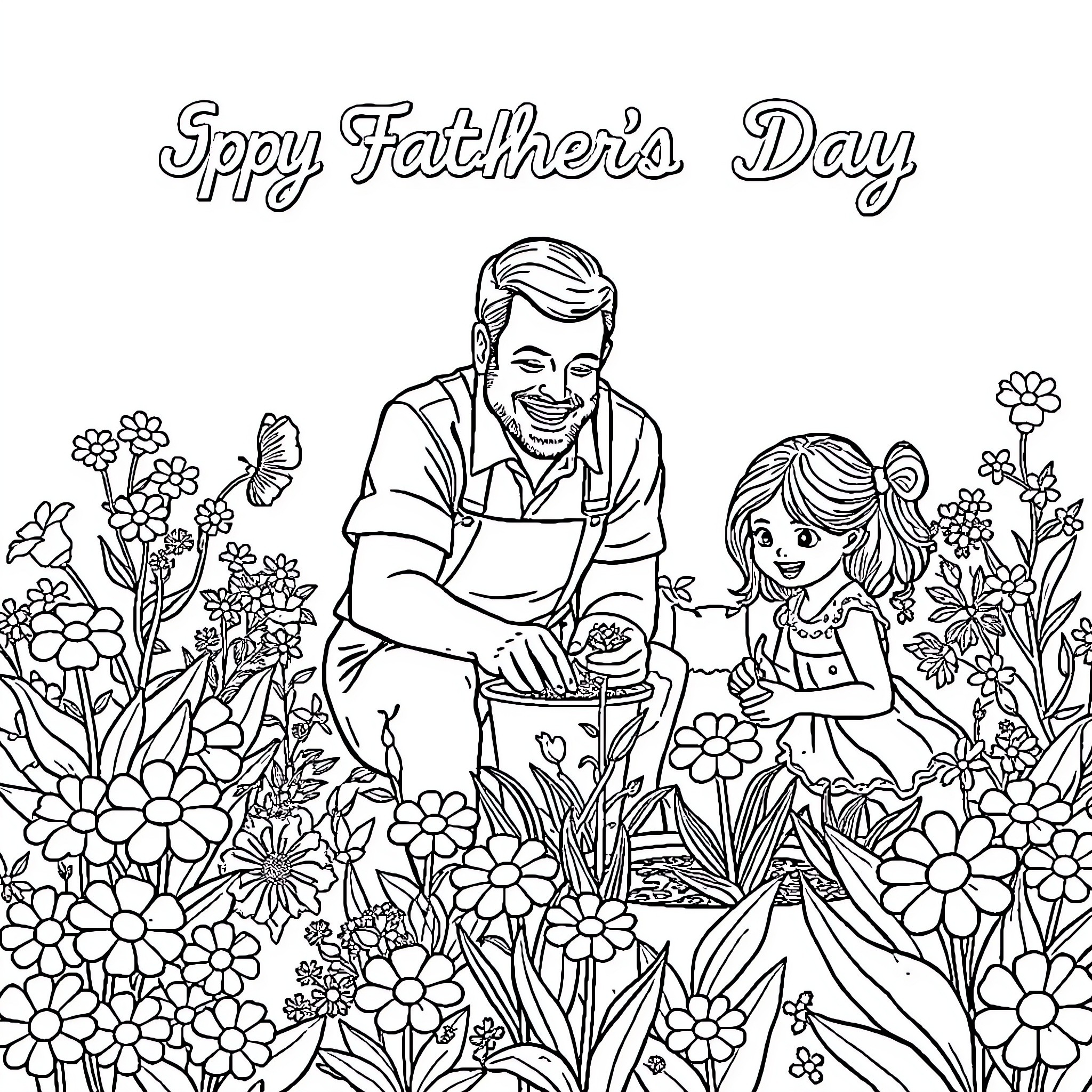 Dad gardening with daughter on Father's Day Coloring Page (free black-and-white line drawing printable PDF for all, from beginners to advanced learners, including children, teens, adults, and seniors)