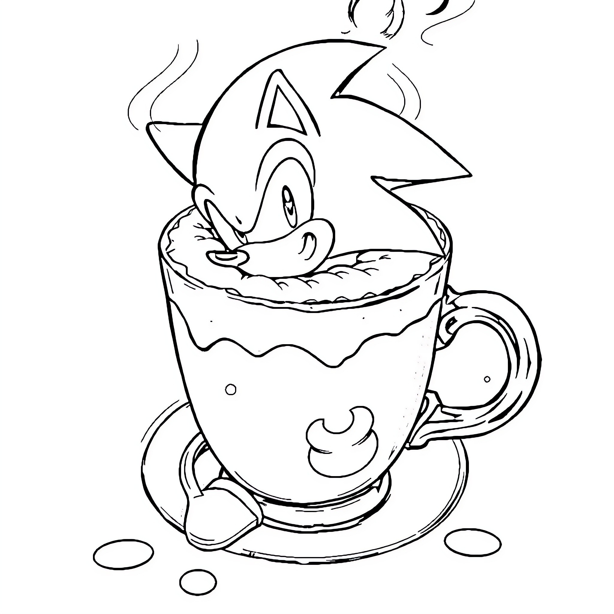Sonic enjoying a warm beverage in a cozy cup Coloring Page (free black-and-white line drawing printable PDF for all, from beginners to advanced learners, including children, teens, adults, and seniors)