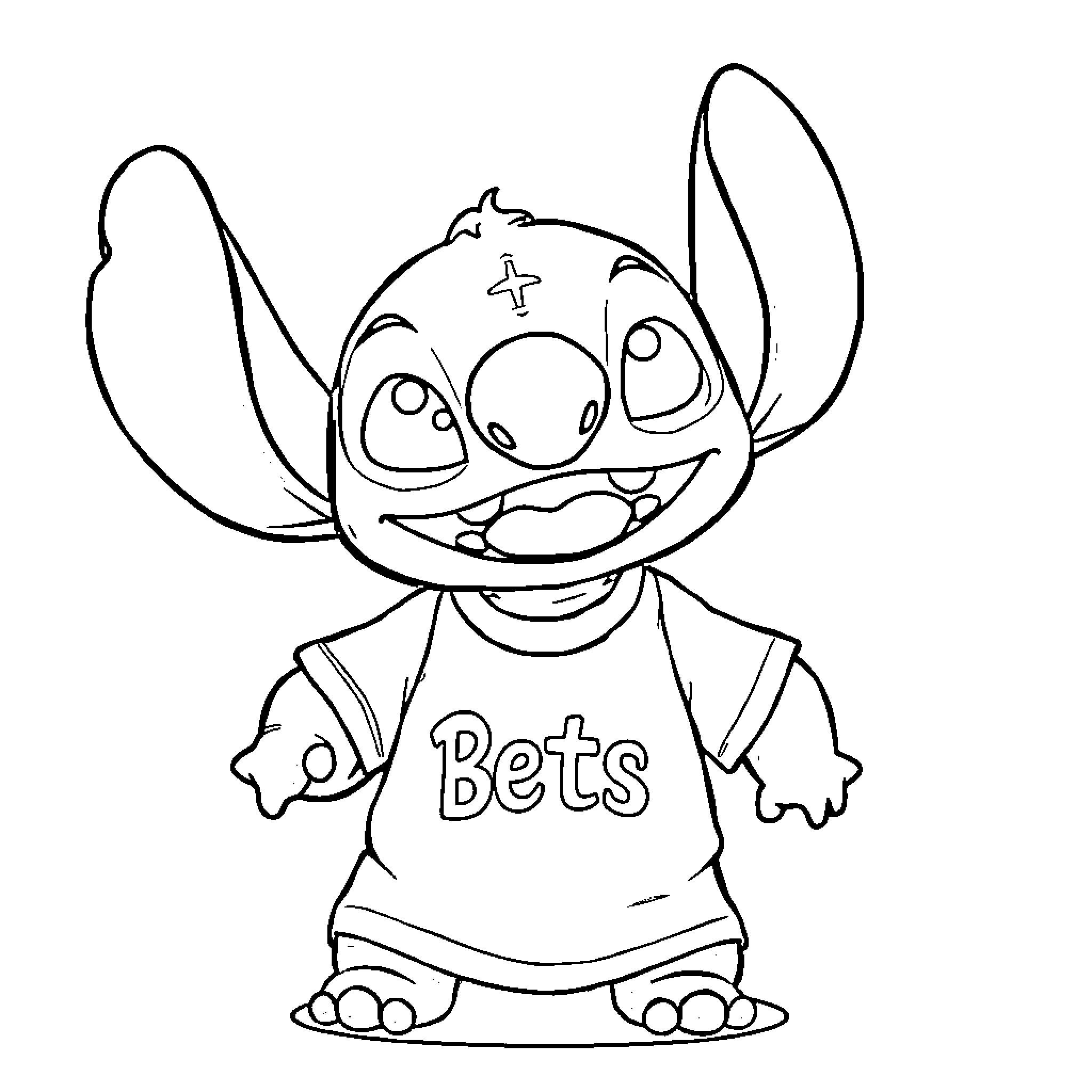 Stitch wearing a Bets t-shirt and expressing excitement Coloring Page (free black-and-white line drawing printable PDF for all, from beginners to advanced learners, including children, teens, adults, and seniors)