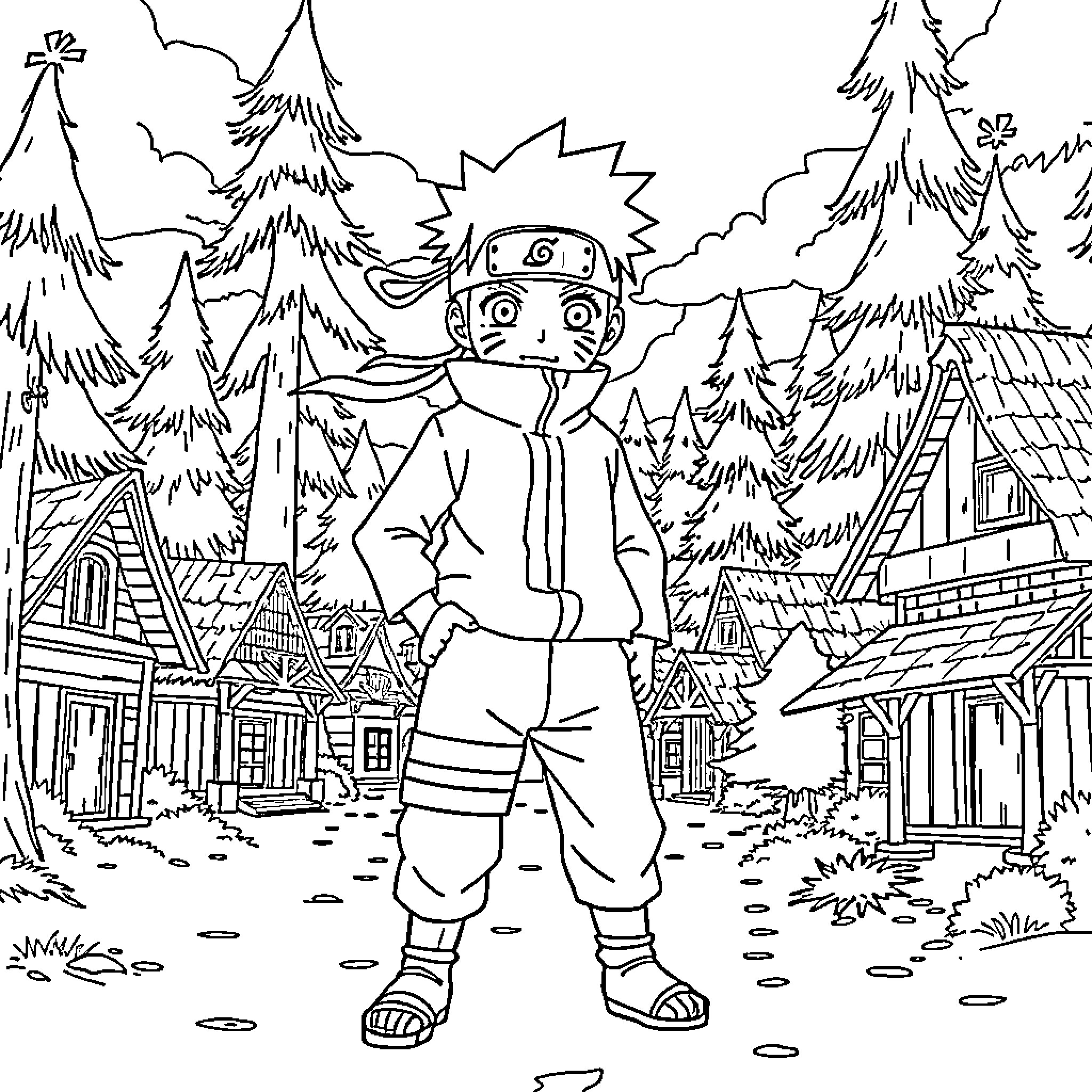 Naruto protagonist in village setting Coloring Page (free black-and-white line drawing printable PDF for all, from beginners to advanced learners, including children, teens, adults, and seniors)