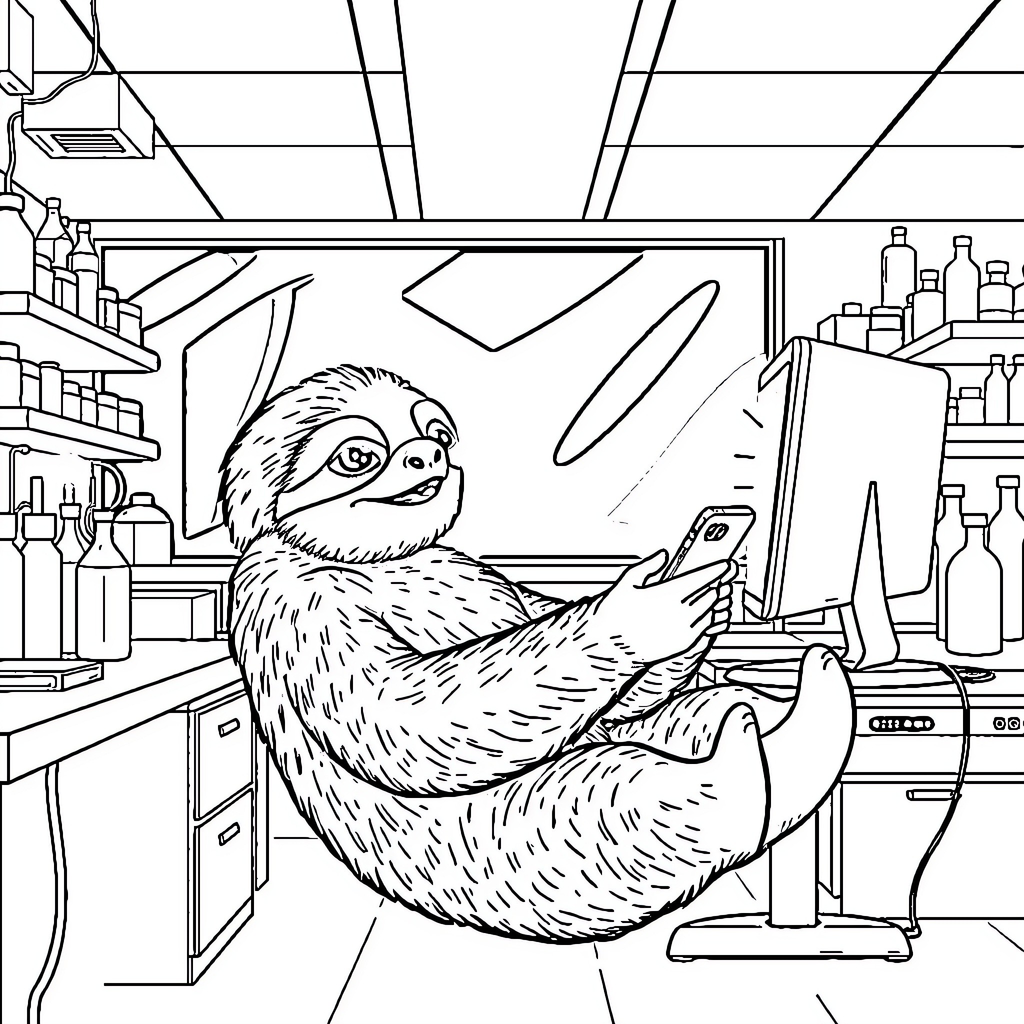 Sloth relaxing and using smartphone in kitchen Coloring Page (free black-and-white line drawing printable PDF for all, from beginners to advanced learners, including children, teens, adults, and seniors)