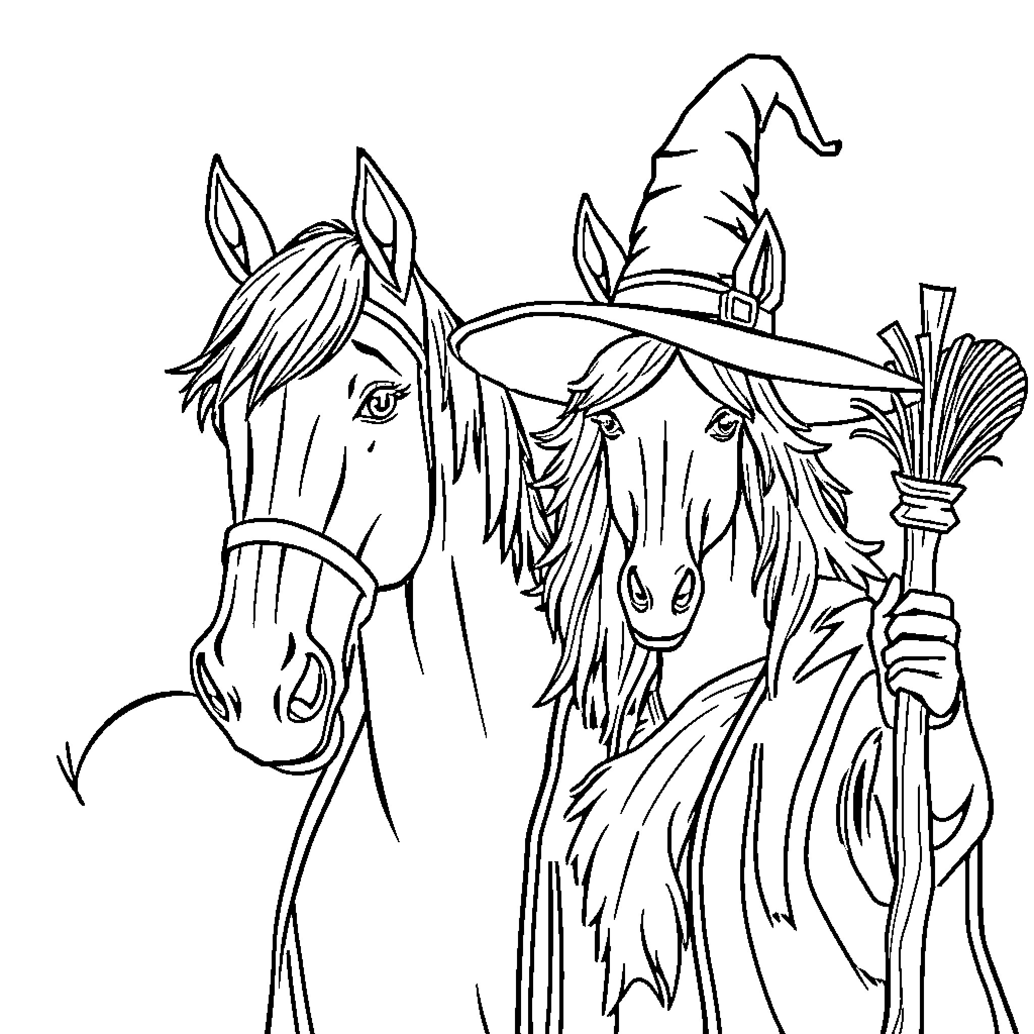 Horse-drawn wagon driven by a witch Coloring Page (free black-and-white line drawing printable PDF for all, from beginners to advanced learners, including children, teens, adults, and seniors)