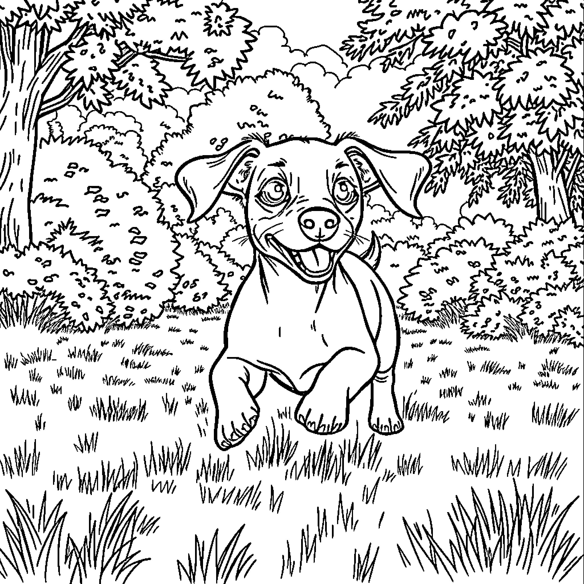 Wiener Dog exploring the forest happily Coloring Page (free black-and-white line drawing printable PDF for all, from beginners to advanced learners, including children, teens, adults, and seniors)