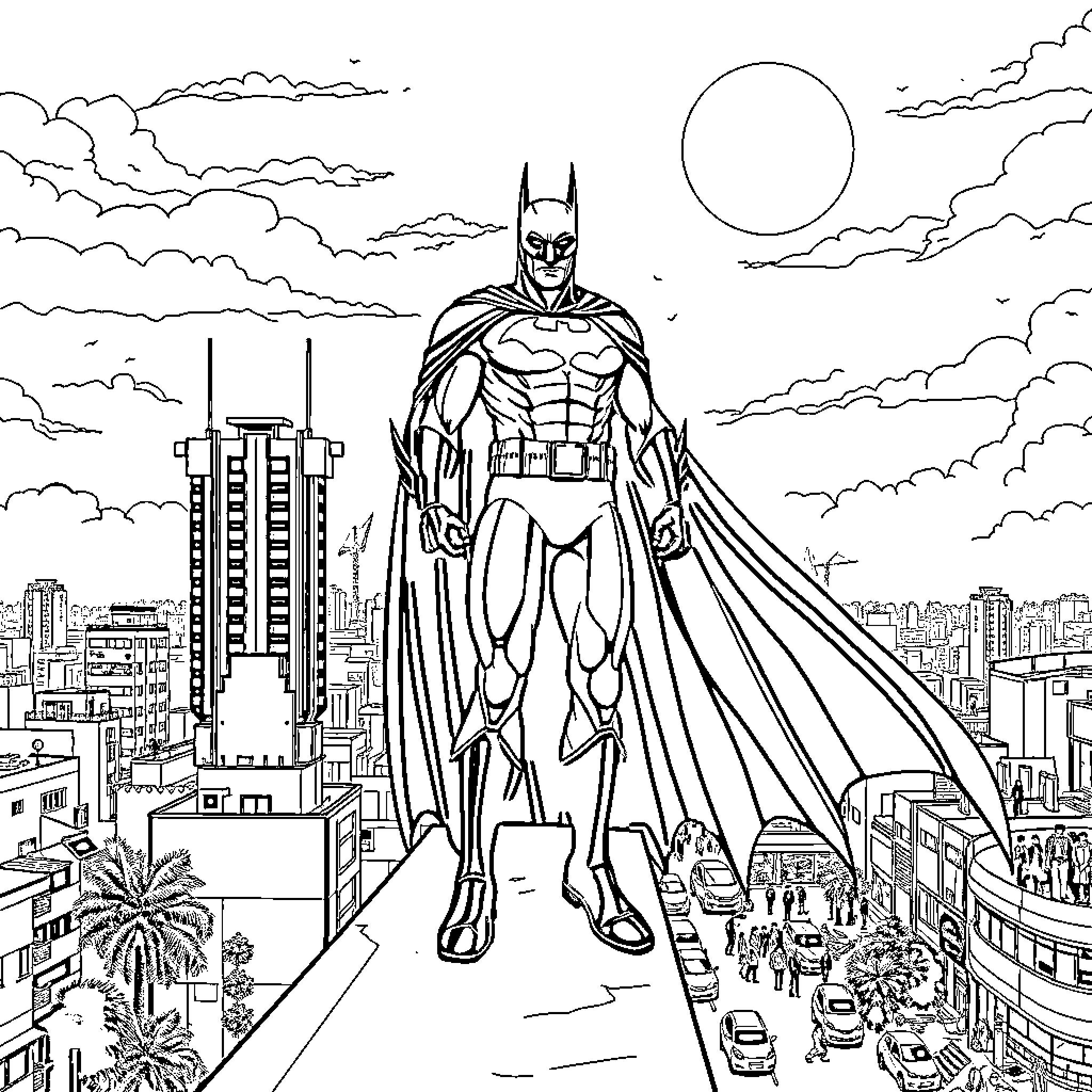 Batman standing heroically over the city Coloring Page (free black-and-white line drawing printable PDF for all, from beginners to advanced learners, including children, teens, adults, and seniors)