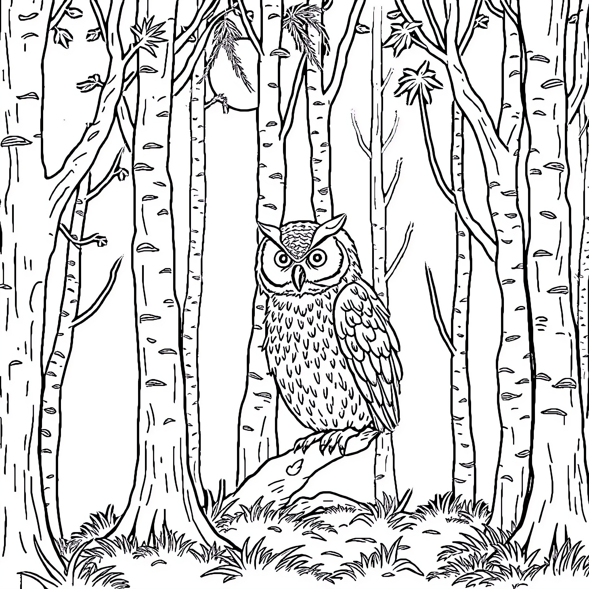 Owl perched in a forest of birch trees Coloring Page (free black-and-white line drawing printable PDF for all, from beginners to advanced learners, including children, teens, adults, and seniors)