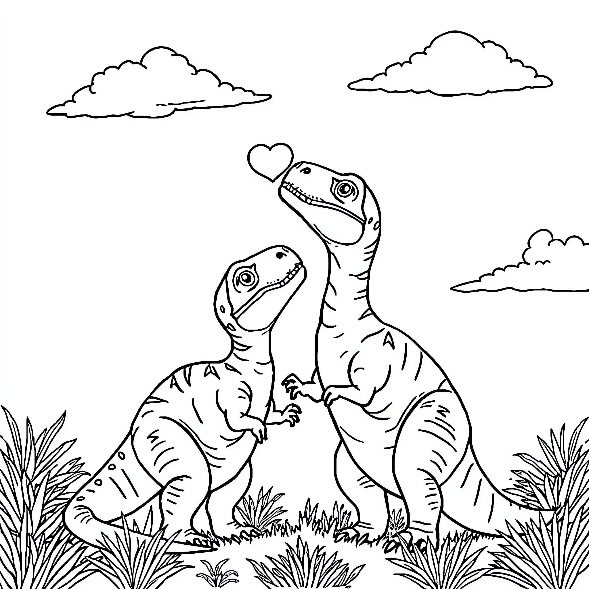 Dinosaurs showing affection in a natural scene Coloring Page (free black-and-white line drawing printable PDF for all, from beginners to advanced learners, including children, teens, adults, and seniors)