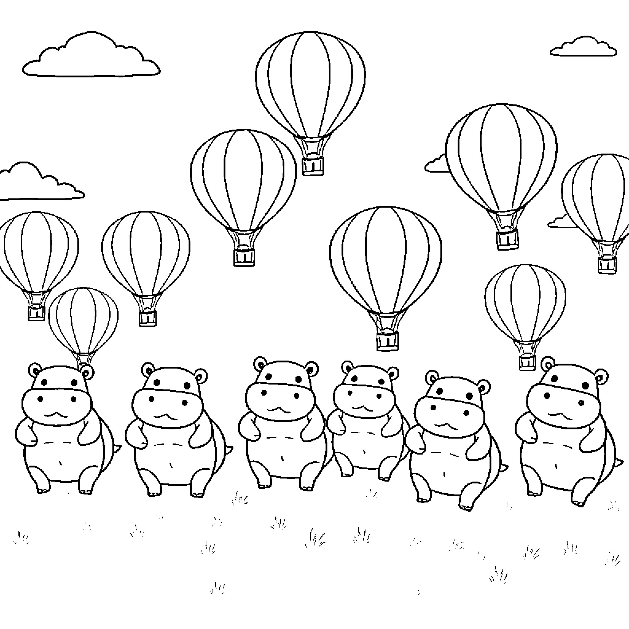 Hippo group enjoying hot air balloon ride Coloring Page (free black-and-white line drawing printable PDF for all, from beginners to advanced learners, including children, teens, adults, and seniors)