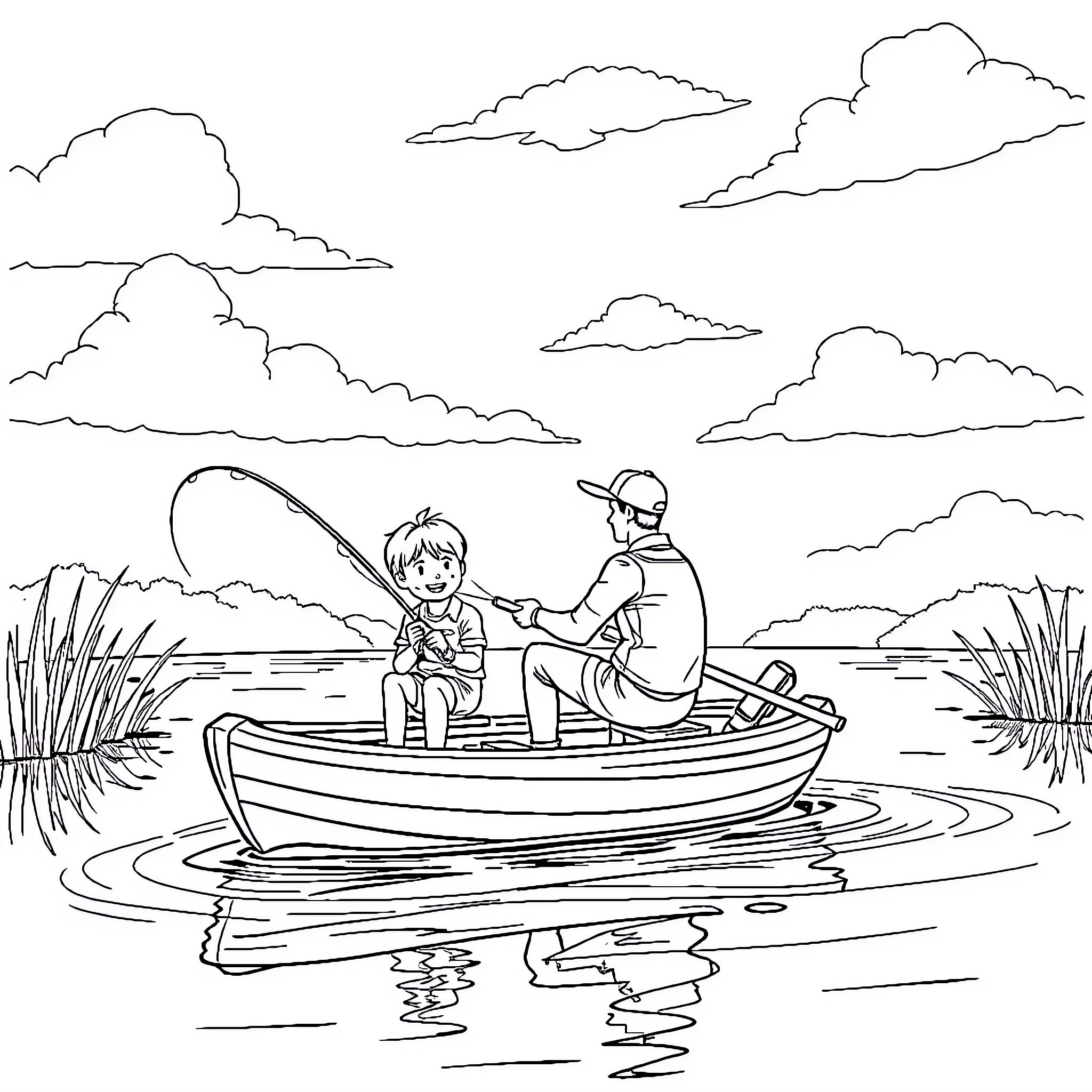 Kid fishing with parent on boat in nature Coloring Page (free black-and-white line drawing printable PDF for all, from beginners to advanced learners, including children, teens, adults, and seniors)