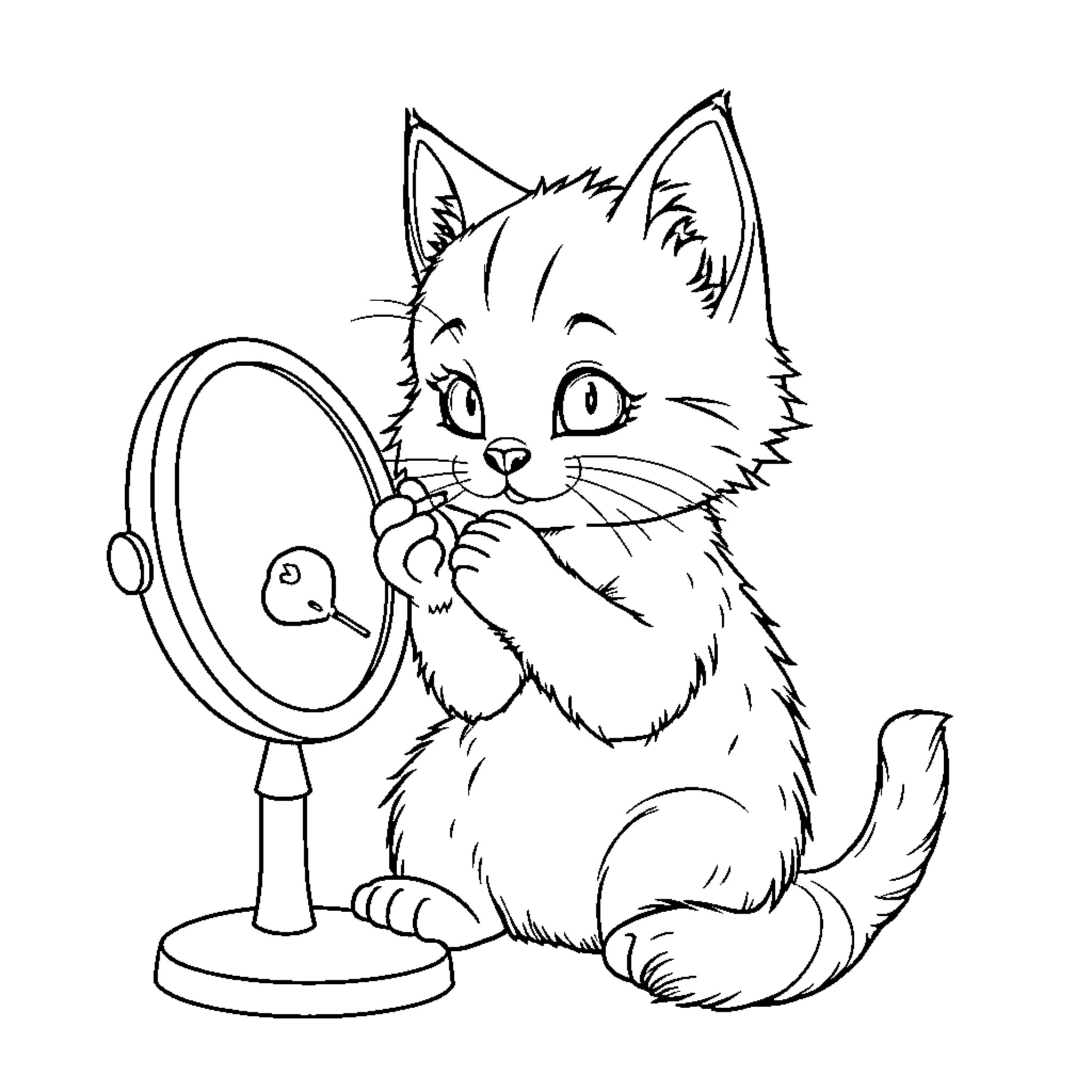 Kitty Admiring Itself in the Mirror Coloring Page (free black-and-white line drawing printable PDF for all, from beginners to advanced learners, including children, teens, adults, and seniors)