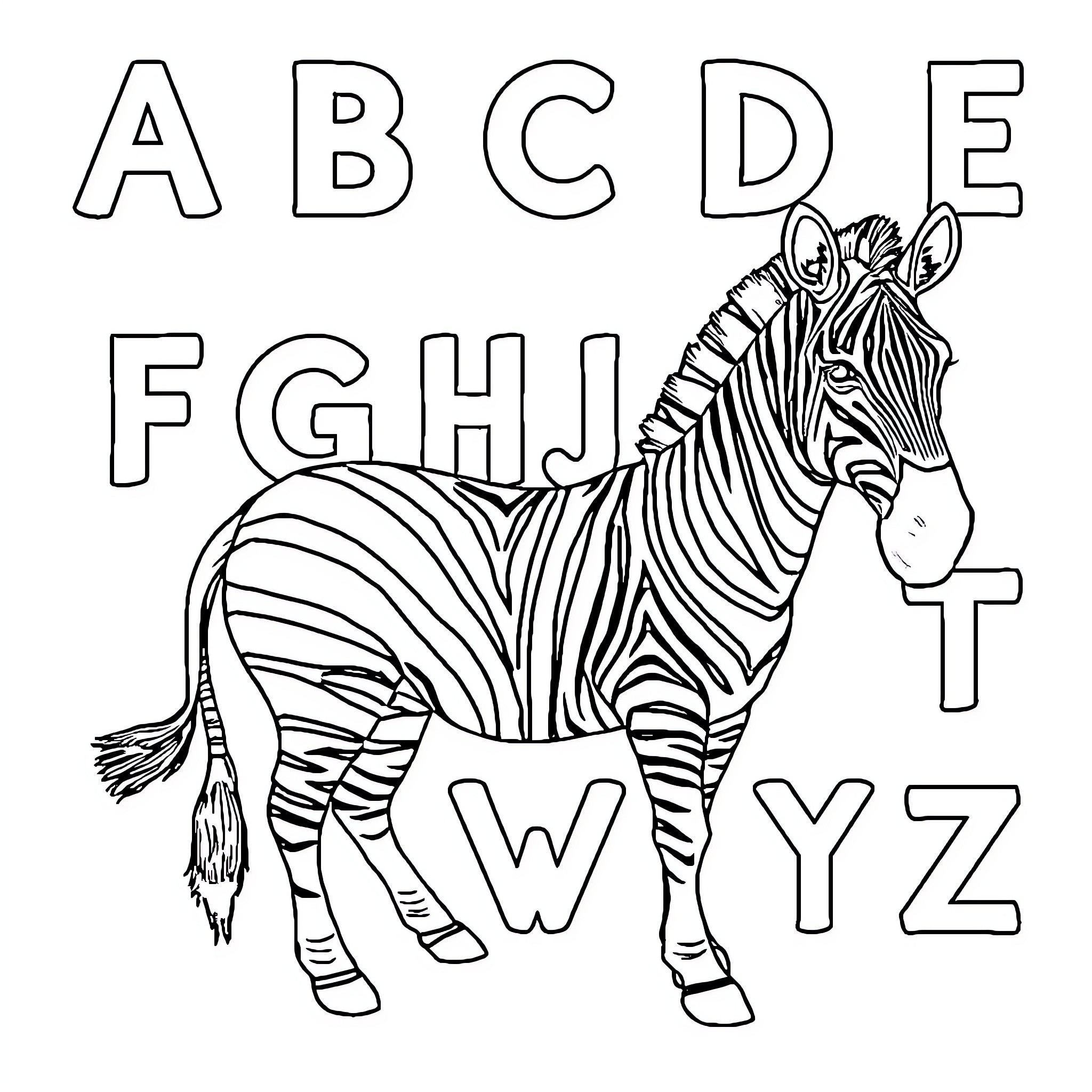 Alphabet with Playful Zebra Illustration Coloring Page (free black-and-white line drawing printable PDF for all, from beginners to advanced learners, including children, teens, adults, and seniors)