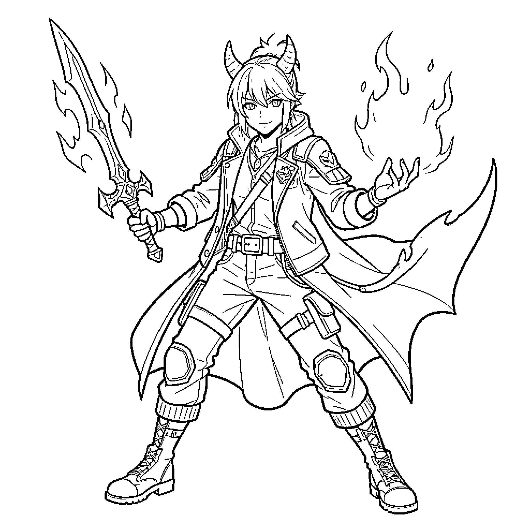 Demon Hunter in Fierce Battle Stance Coloring Page (free black-and-white line drawing printable PDF for all, from beginners to advanced learners, including children, teens, adults, and seniors)