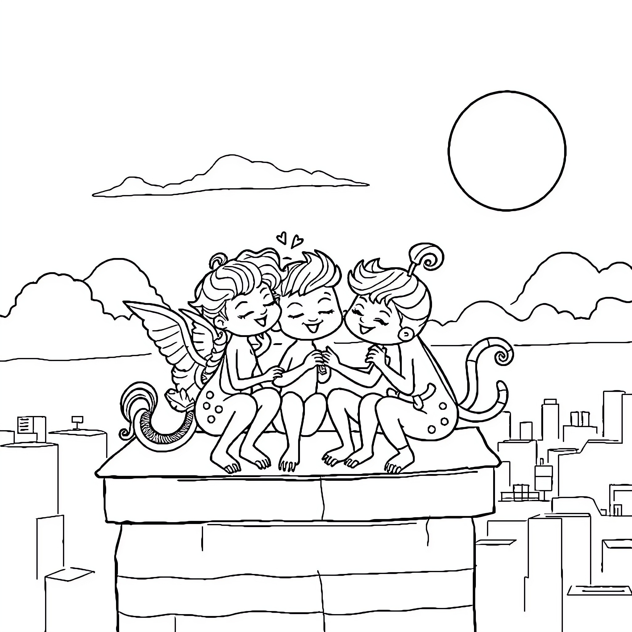 Eevee characters enjoying a playful day Coloring Page (free black-and-white line drawing printable PDF for all, from beginners to advanced learners, including children, teens, adults, and seniors)