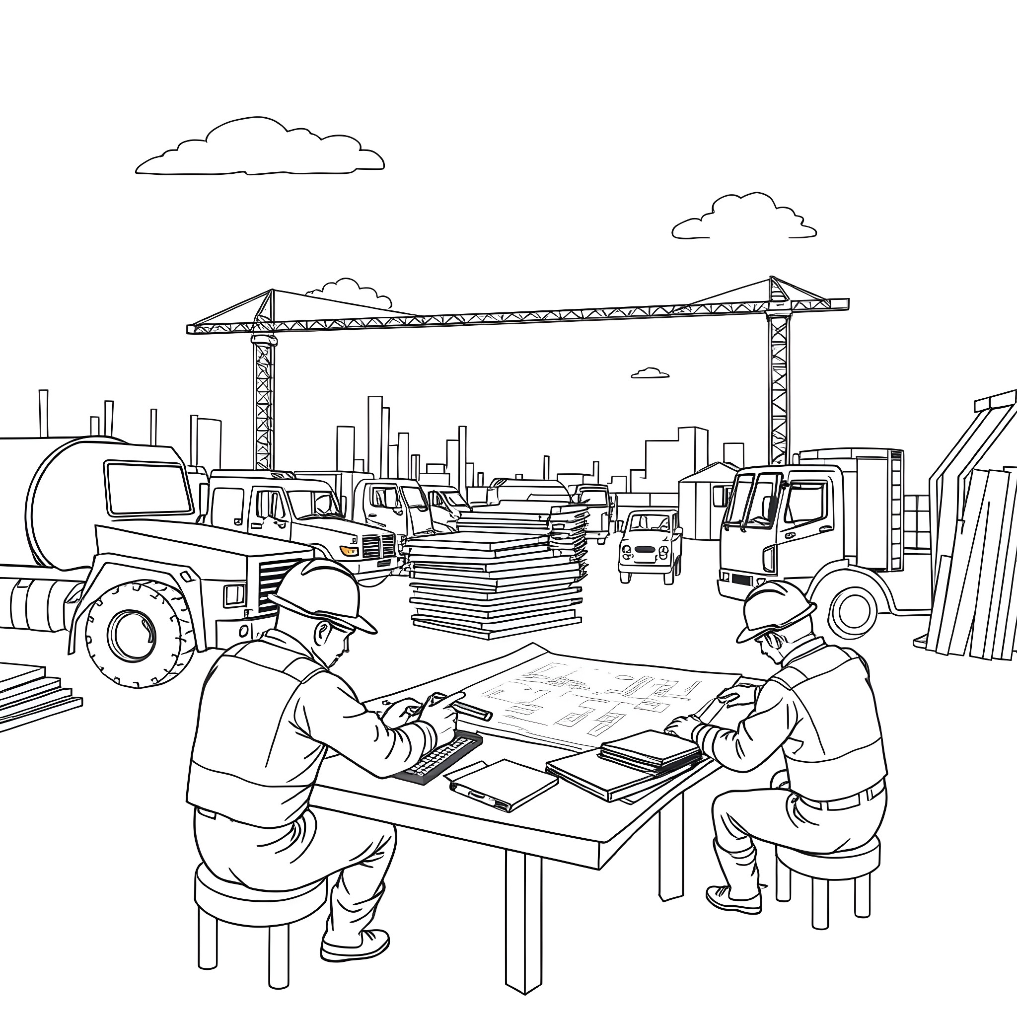 Pickup Construction Workers Planning Project Coloring Page (free black-and-white line drawing printable PDF for all, from beginners to advanced learners, including children, teens, adults, and seniors)