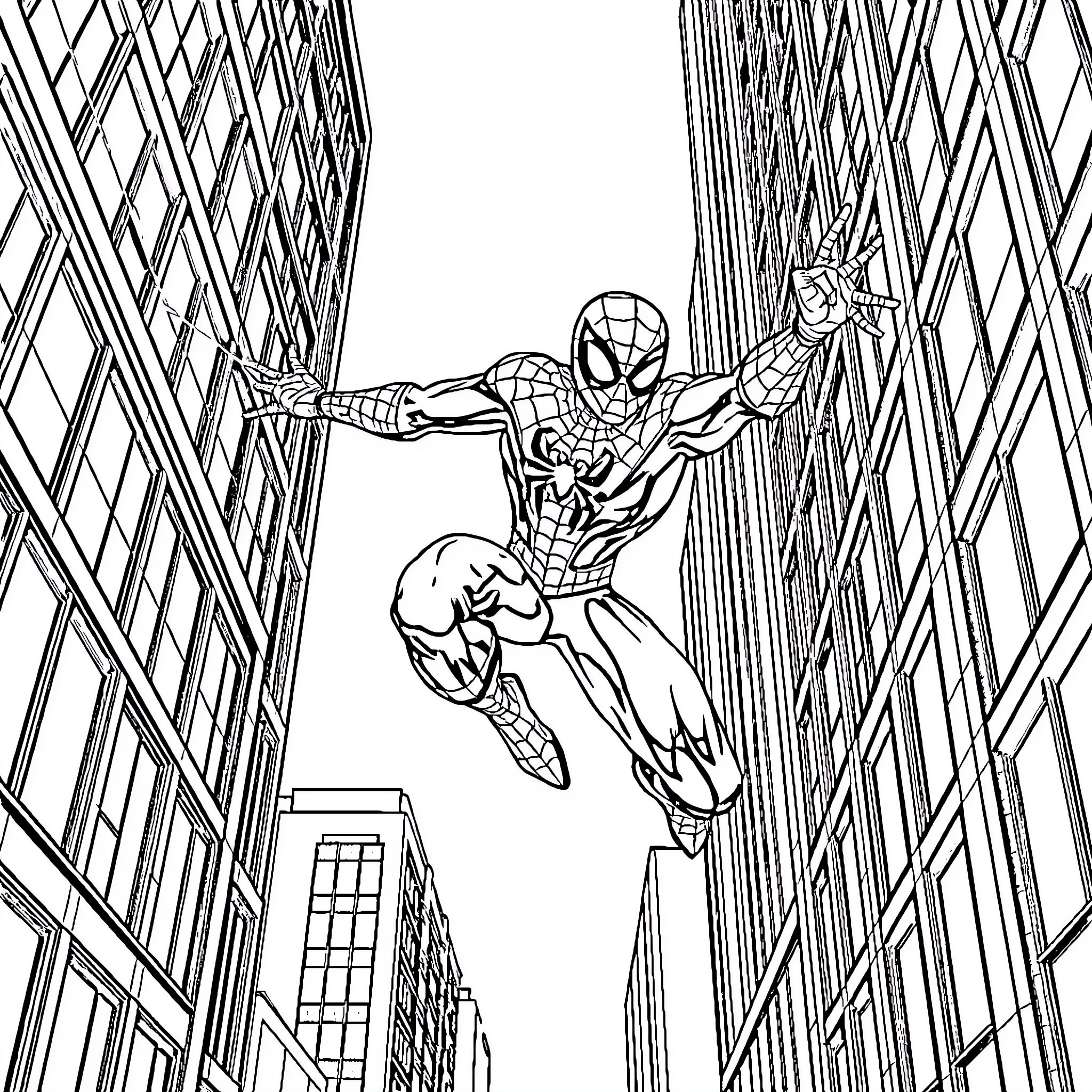 Spider-Man swinging through the city skyline Coloring Page (free black-and-white line drawing printable PDF for all, from beginners to advanced learners, including children, teens, adults, and seniors)