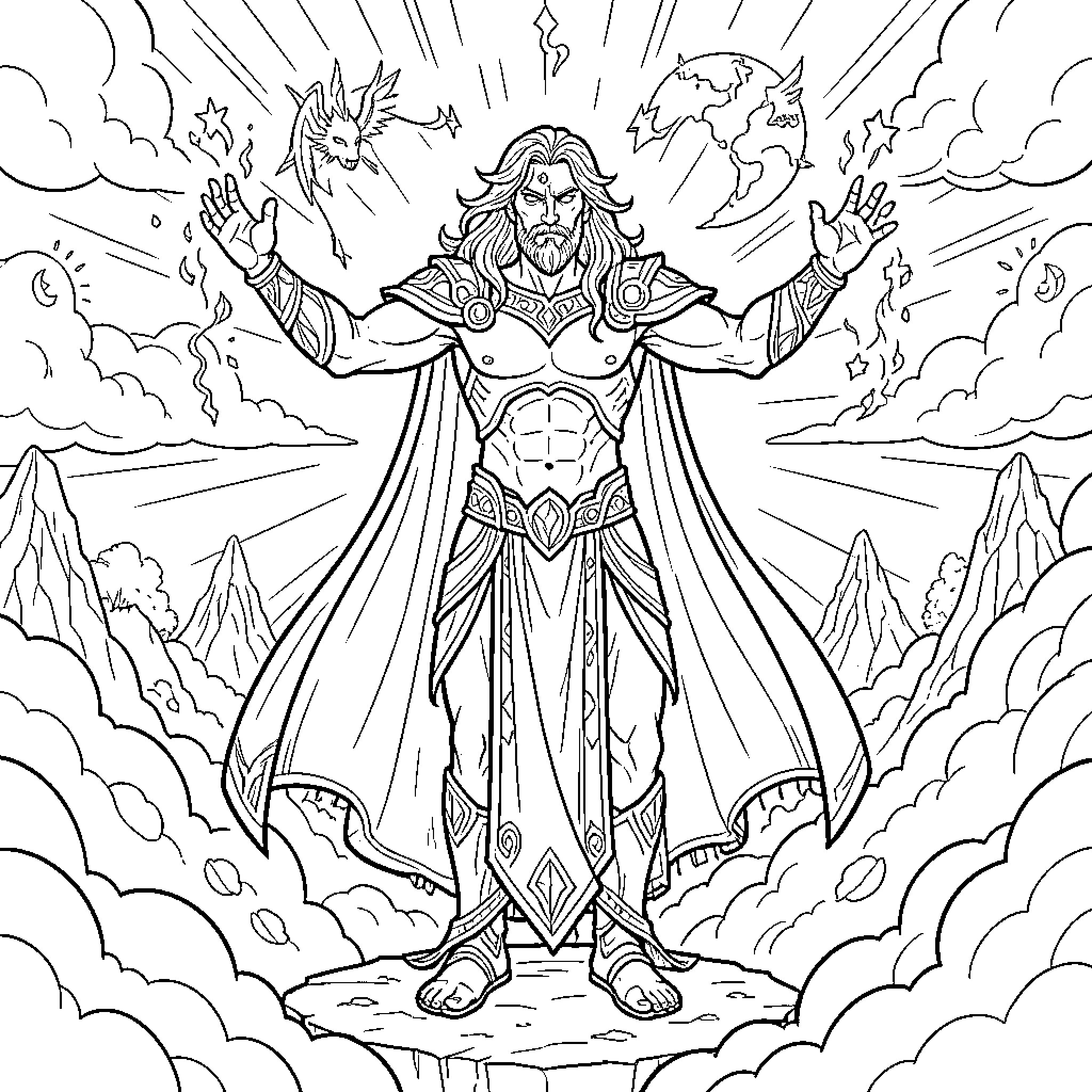 God's Commanding Presence in the Heavens Coloring Page (free black-and-white line drawing printable PDF for all, from beginners to advanced learners, including children, teens, adults, and seniors)