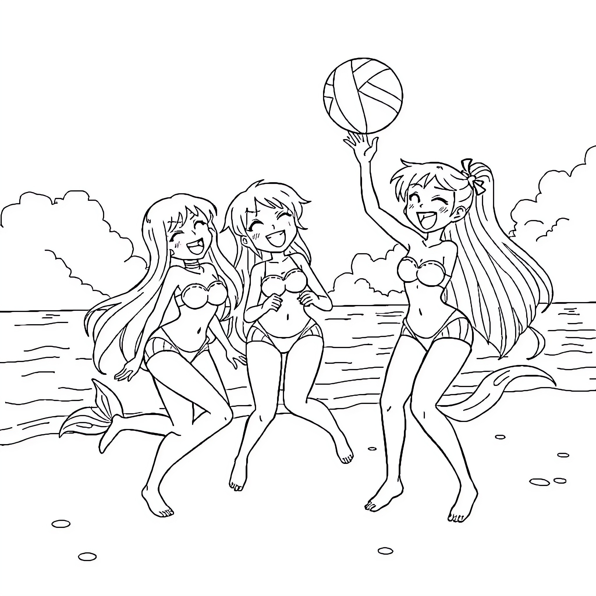 Mermaid friends enjoying a playful day at the beach Coloring Page (free black-and-white line drawing printable PDF for all, from beginners to advanced learners, including children, teens, adults, and seniors)