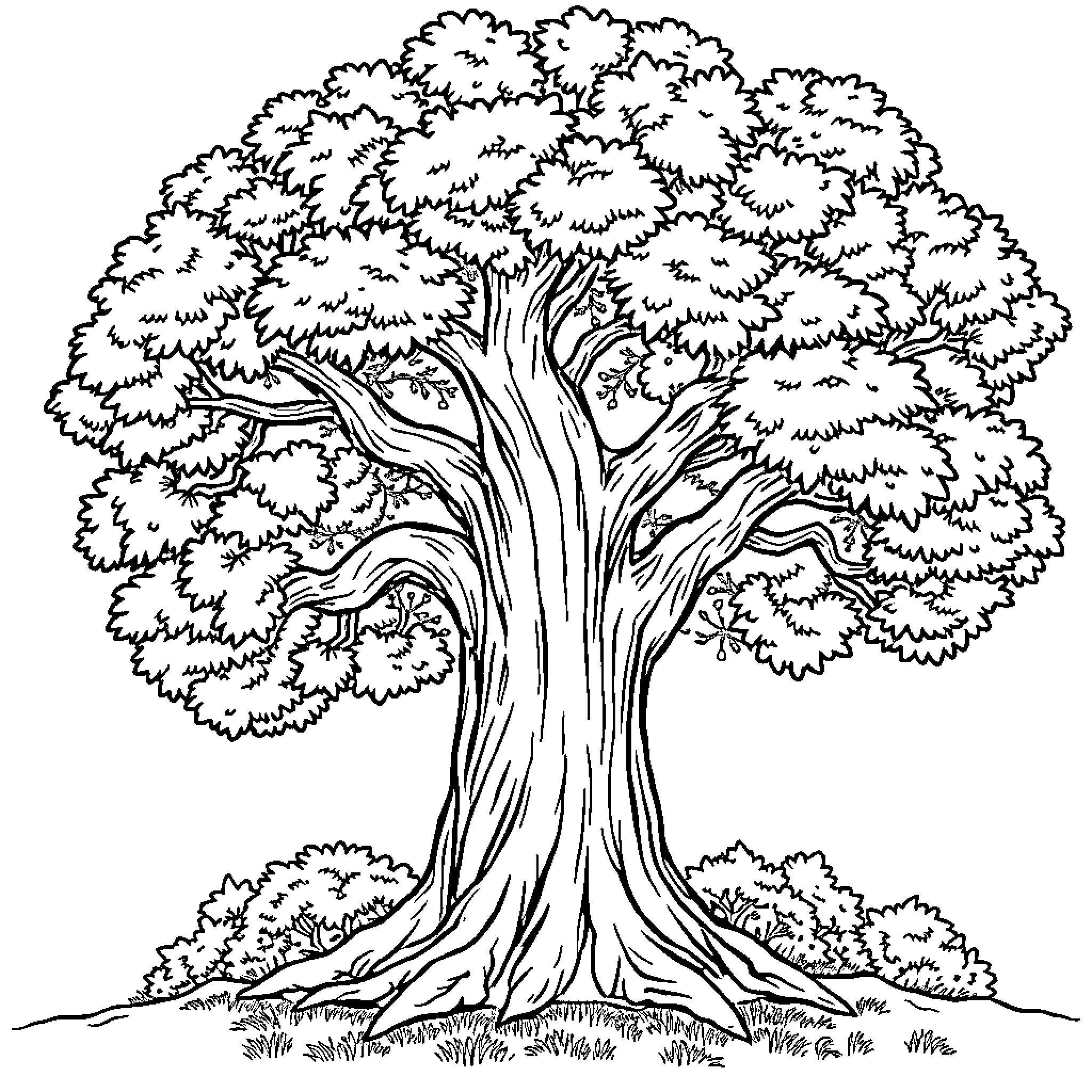 Tree with Intricate Branches and Foliage Coloring Page (free black-and-white line drawing printable PDF for all, from beginners to advanced learners, including children, teens, adults, and seniors)