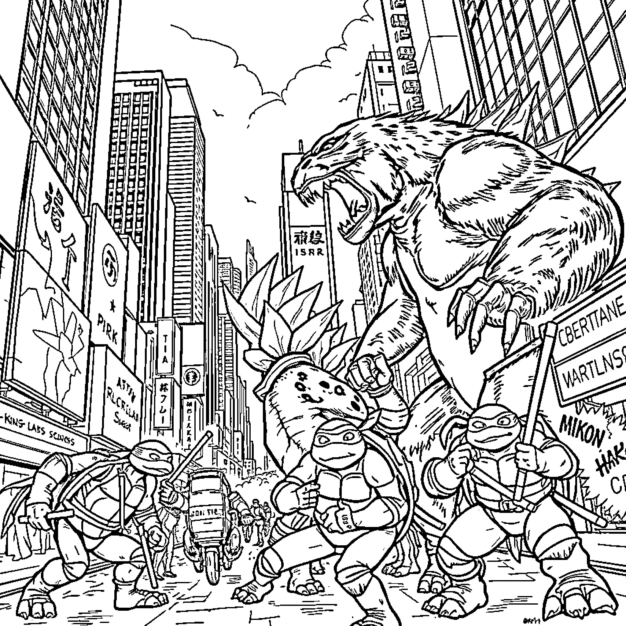Godzilla stomping through a crowded city Coloring Page (free black-and-white line drawing printable PDF for all, from beginners to advanced learners, including children, teens, adults, and seniors)