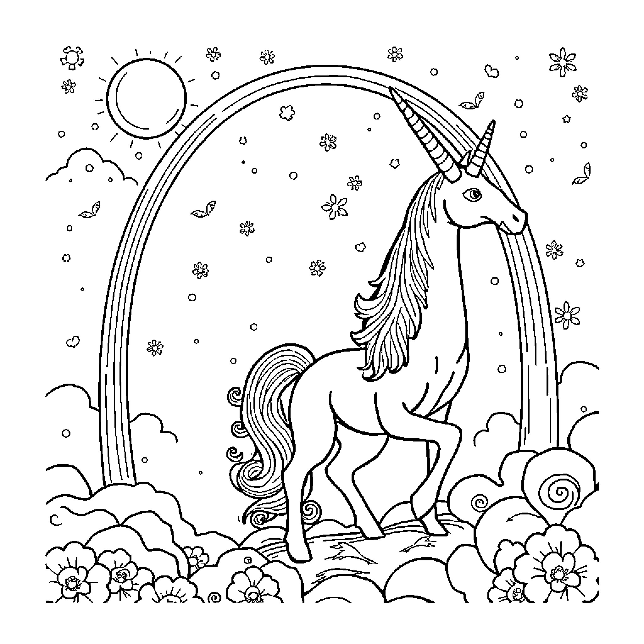 Licorne standing amidst enchanted scenery Coloring Page (free black-and-white line drawing printable PDF for all, from beginners to advanced learners, including children, teens, adults, and seniors)
