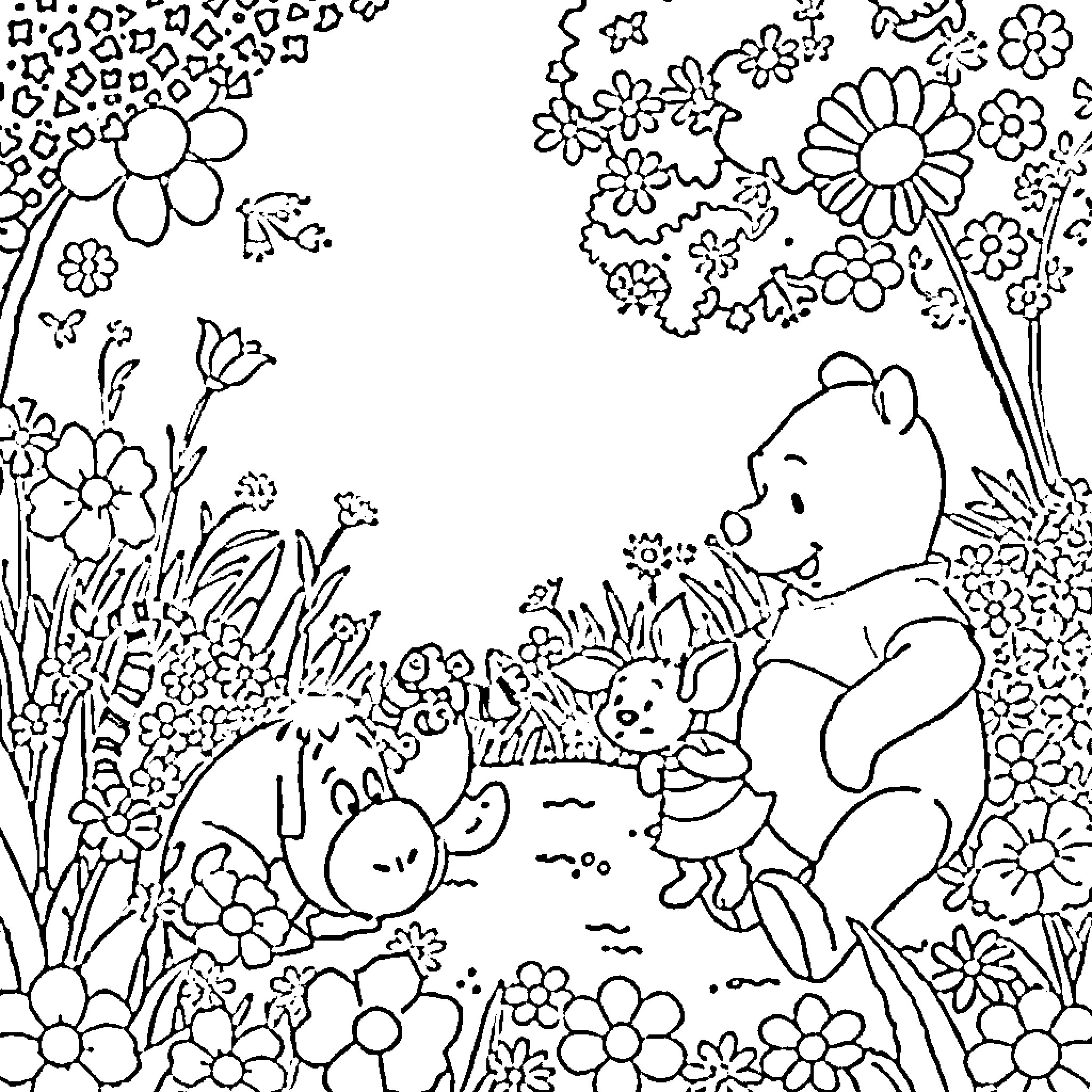 Winnie The Pooh playing with friends in a flower garden Coloring Page (free black-and-white line drawing printable PDF for all, from beginners to advanced learners, including children, teens, adults, and seniors)