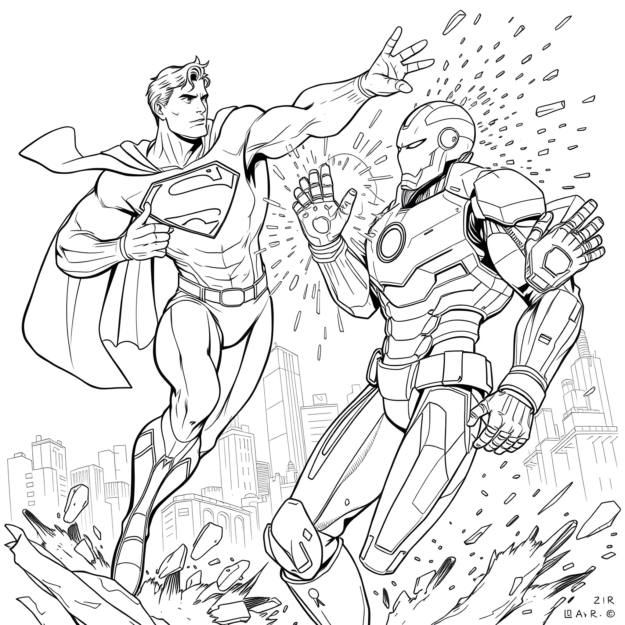 Superman battles a futuristic robotic enemy Coloring Page (free black-and-white line drawing printable PDF for all, from beginners to advanced learners, including children, teens, adults, and seniors)