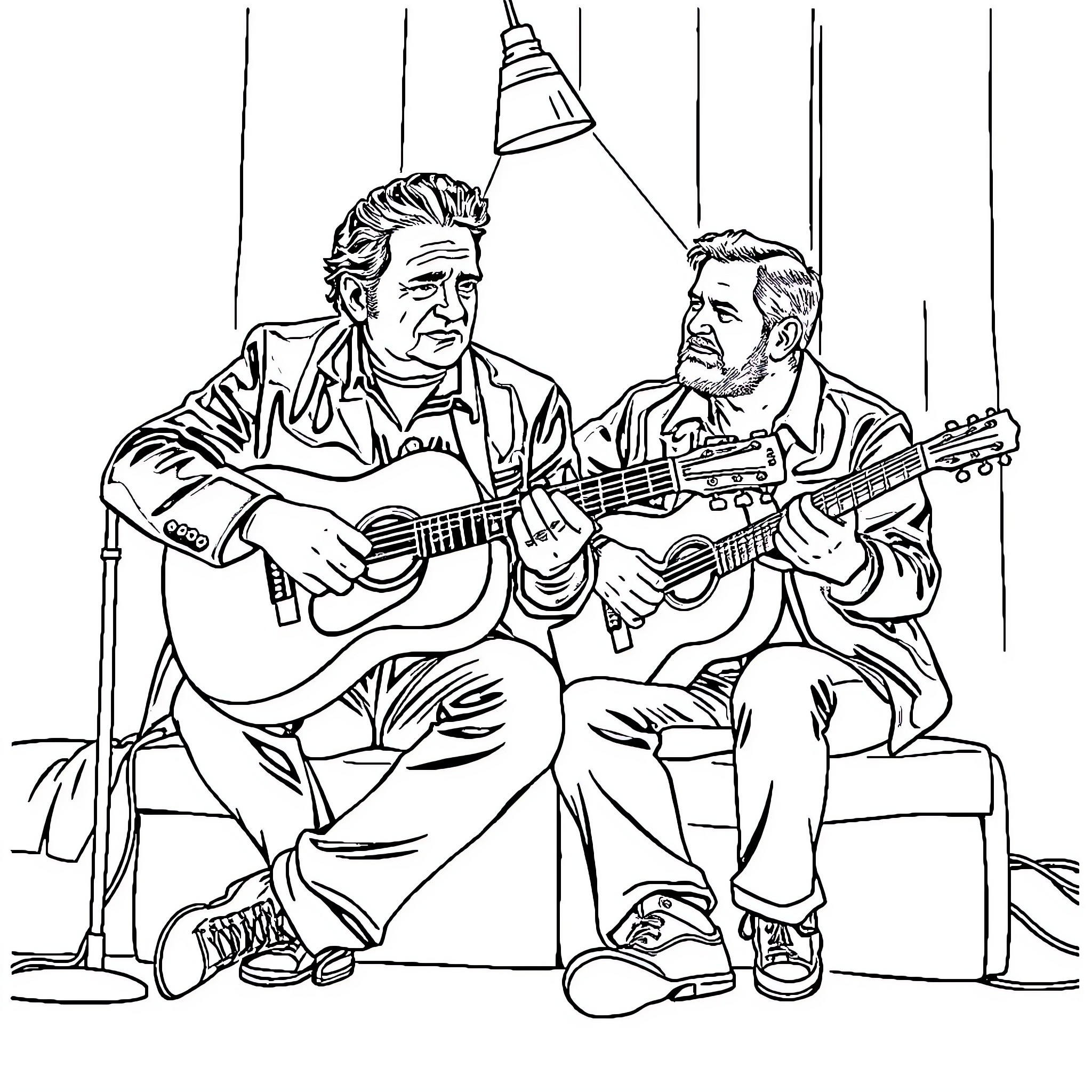 Johnny Cash and friend performing on stage Coloring Page (free black-and-white line drawing printable PDF for all, from beginners to advanced learners, including children, teens, adults, and seniors)
